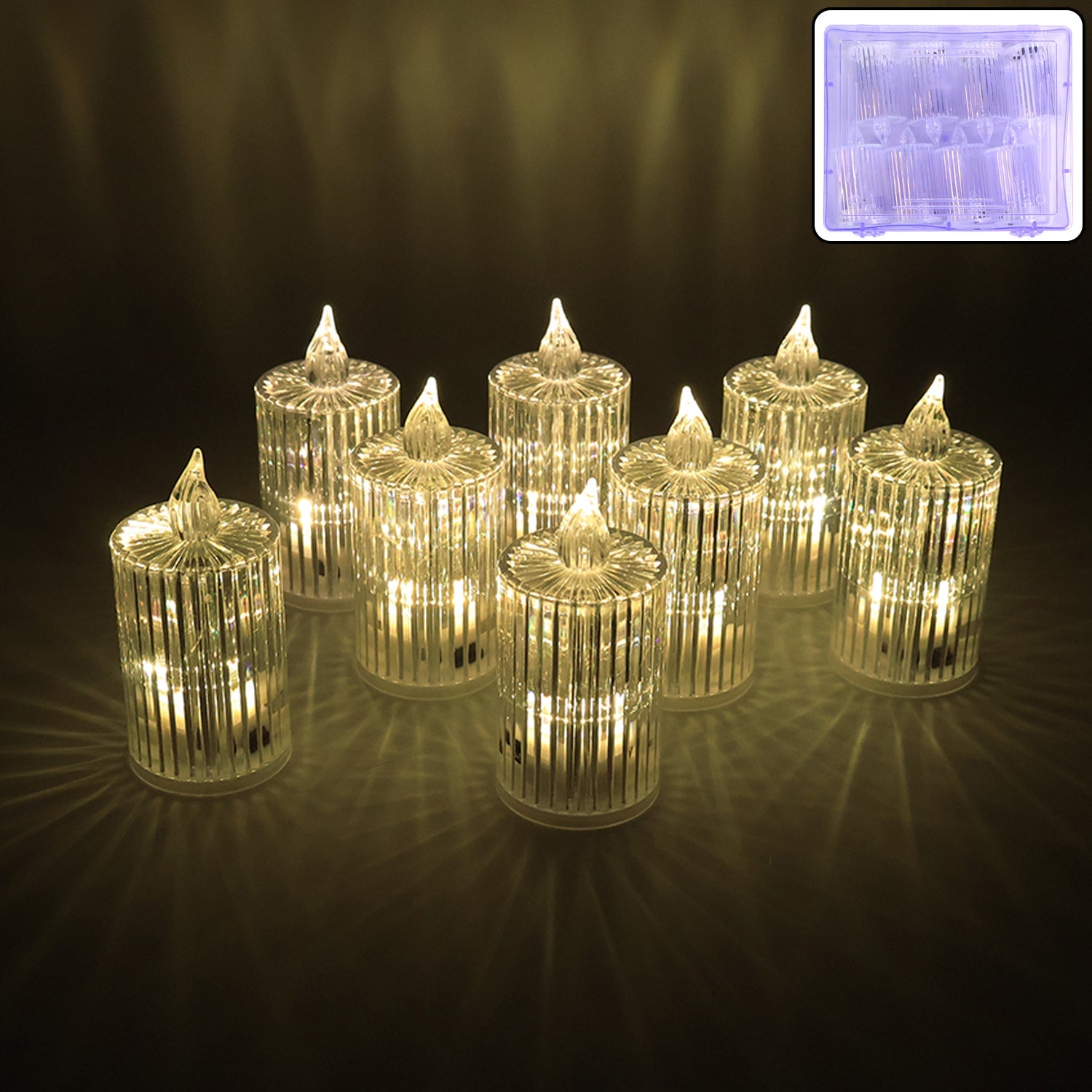 Set of 8 LED flameless candle lights with crystal-effect ribbed design