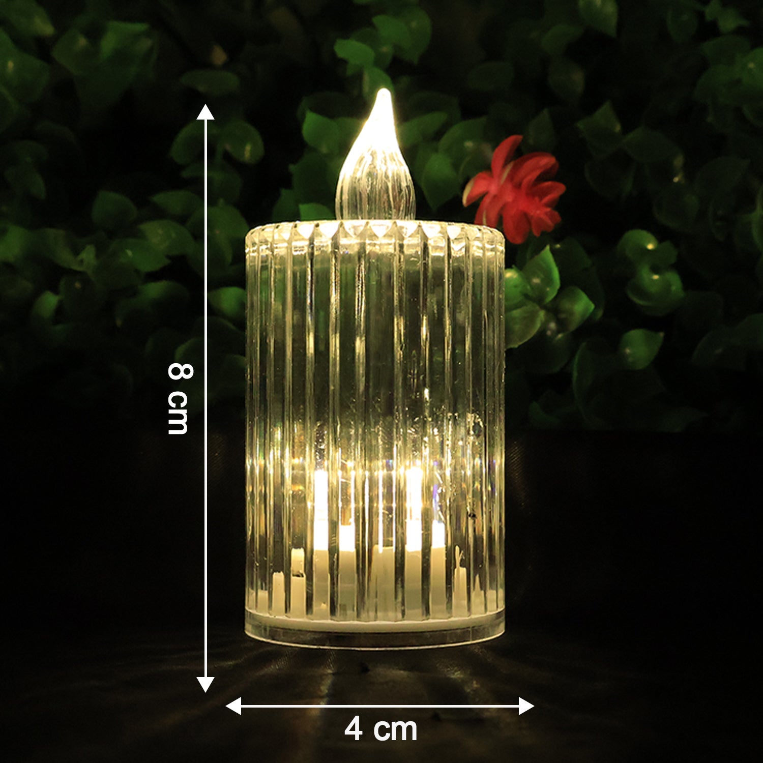 Close-up of flickering LED flame on premium crystal-effect flameless candle