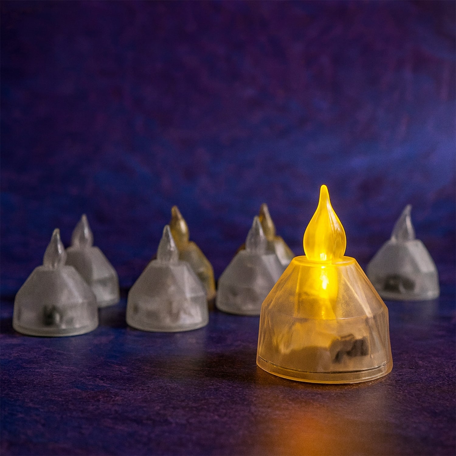 Glowing LED diya lights creating a festive ambiance without flame