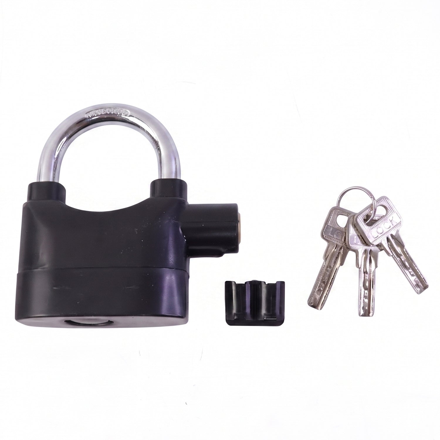 Side view of the metallic alarm padlock, highlighting its compact and durable design.