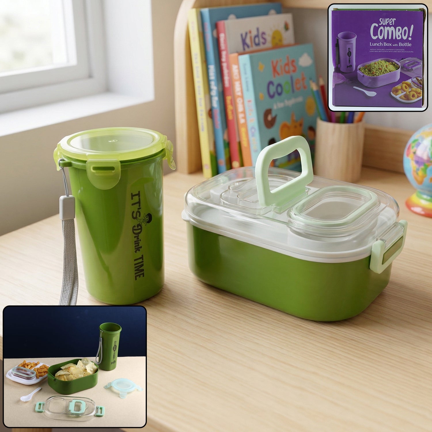 Leakproof lunch box set with a purple tiffin box, matching tumbler, and cutlery.