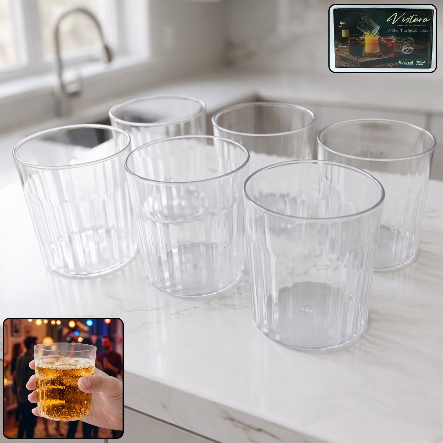 Stylish 6-piece transparent glass drinking set with ribbed design