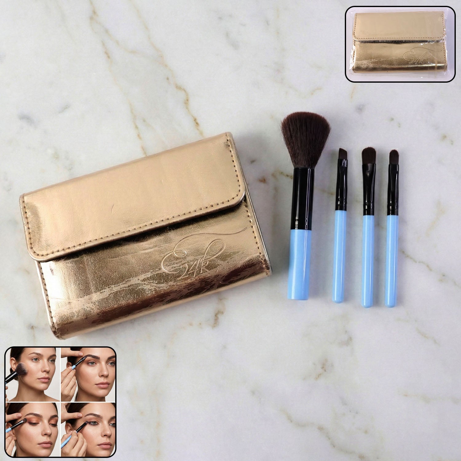 Professional makeup brush set 4-in-1 with compact travel pouch