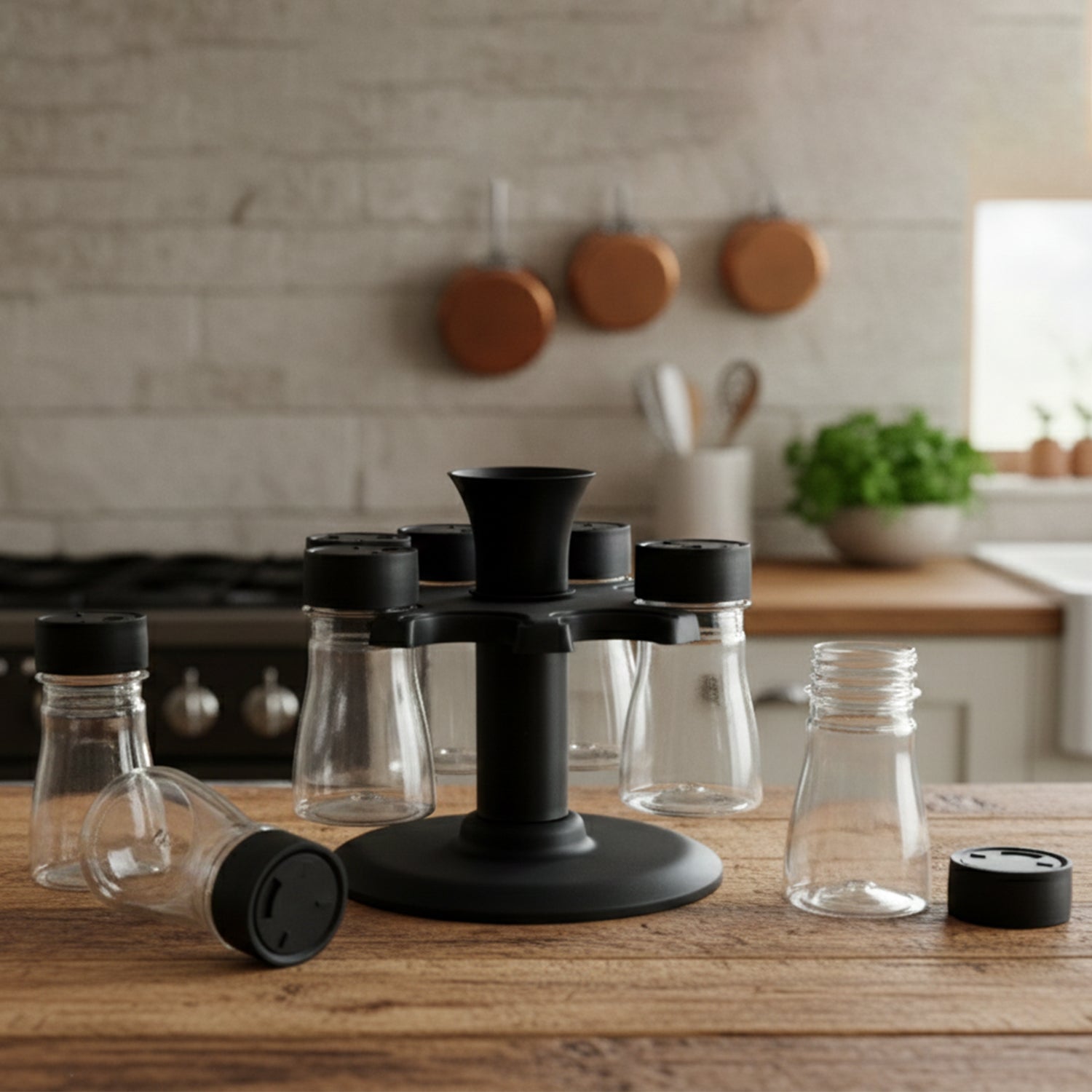 Plastic spice rack set showing transparent jars for clear spice visibility