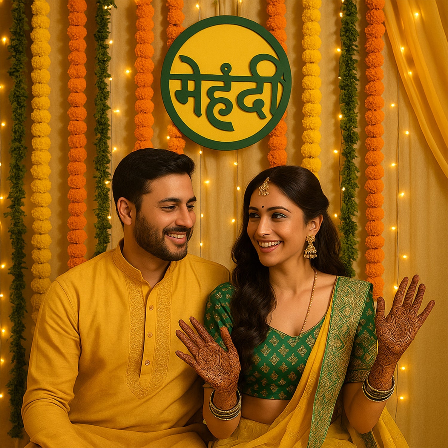 Close-up of decorative Hindi मेहंदी plaque for mehndi ceremony backdrop