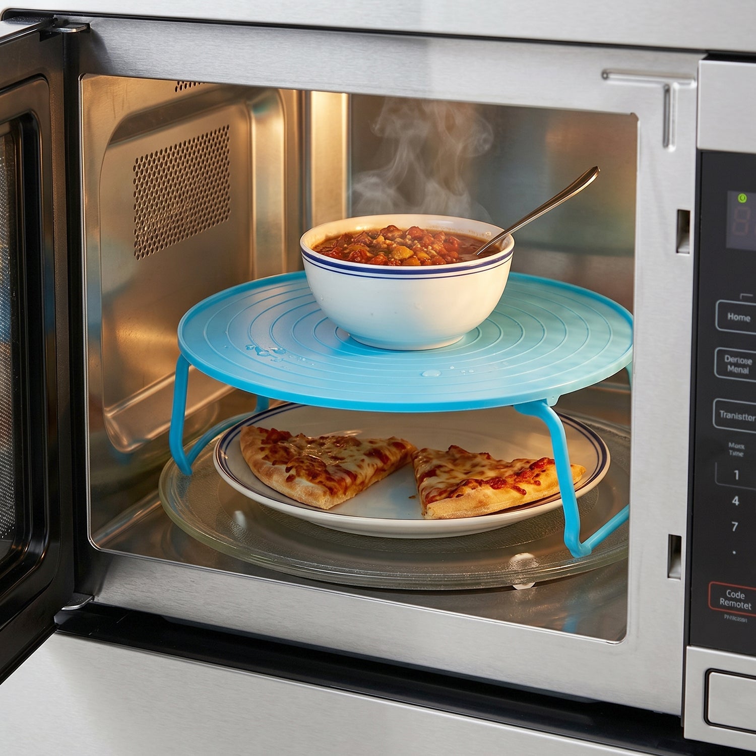 Elevated spacer tray for microwave cooking and serving