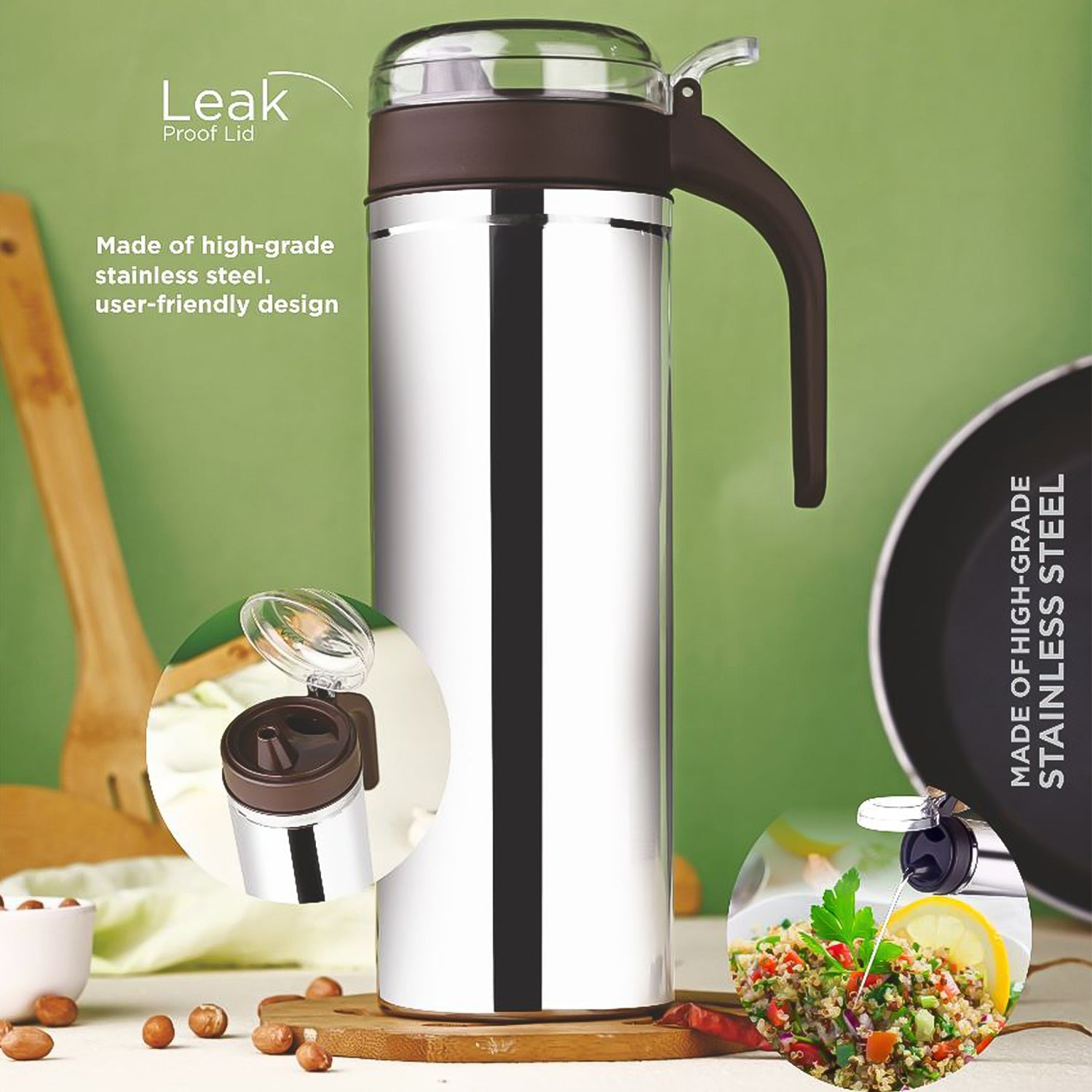 Side angle view of stainless steel oil pourer bottle