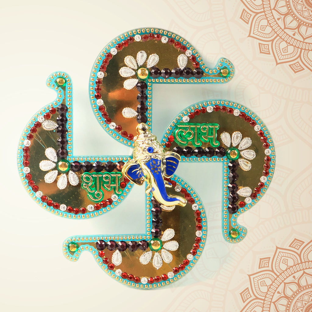 Golden Swastik Shubh Labh Wall Hanging With Ganesh Idol (1 Pc)