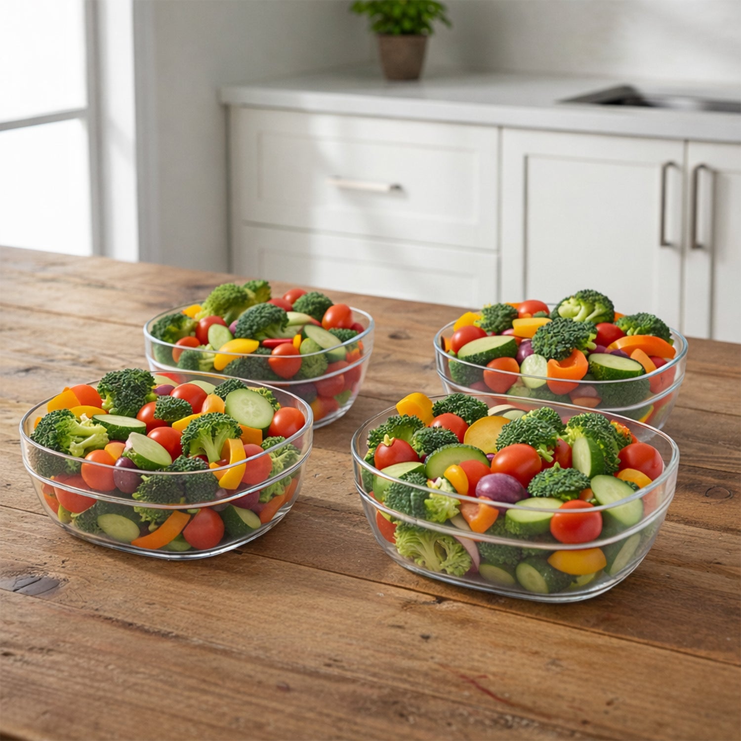Neatly stacked transparent serving bowls for compact storage