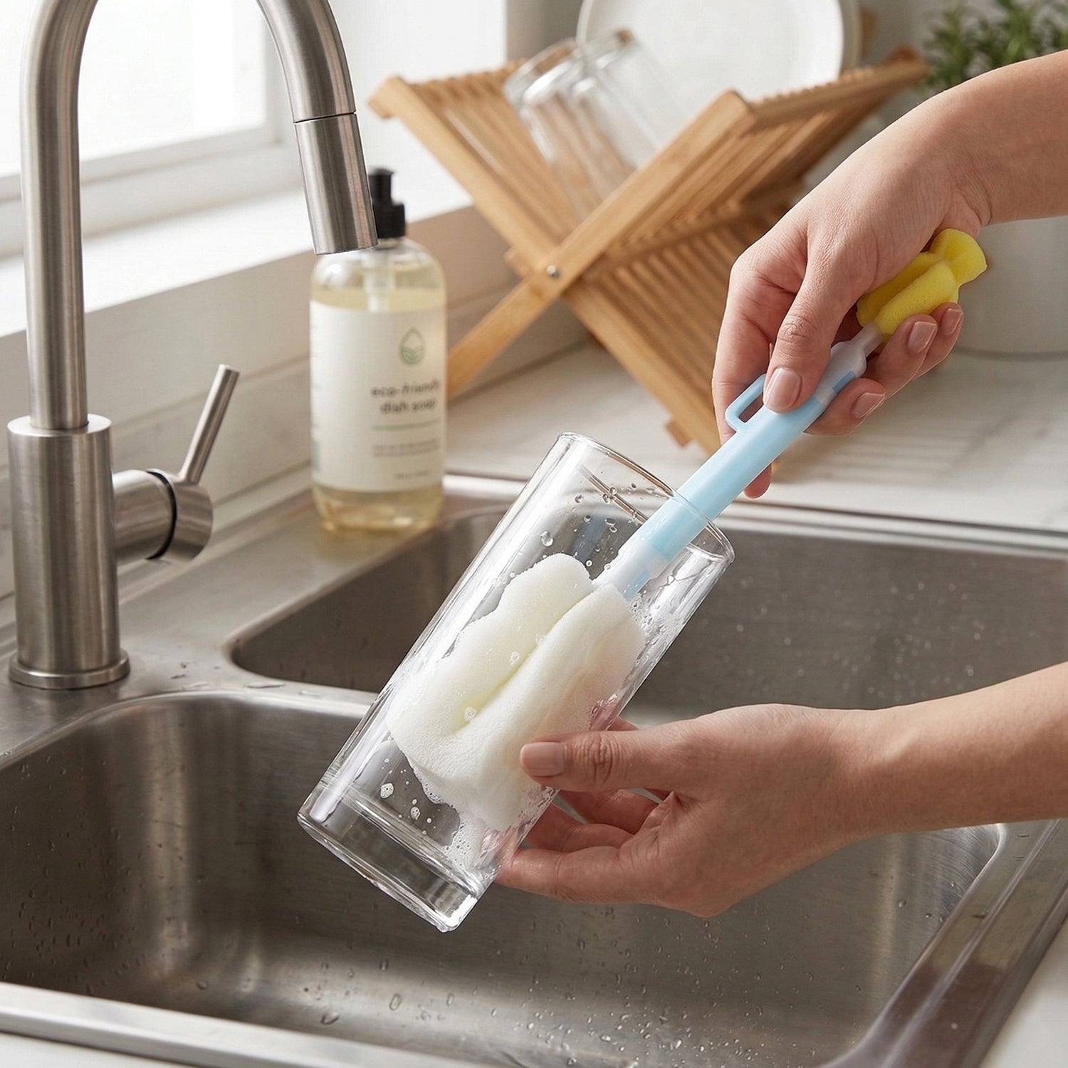 Long handle bottle cleaner with soft sponge for hard-to-reach areas