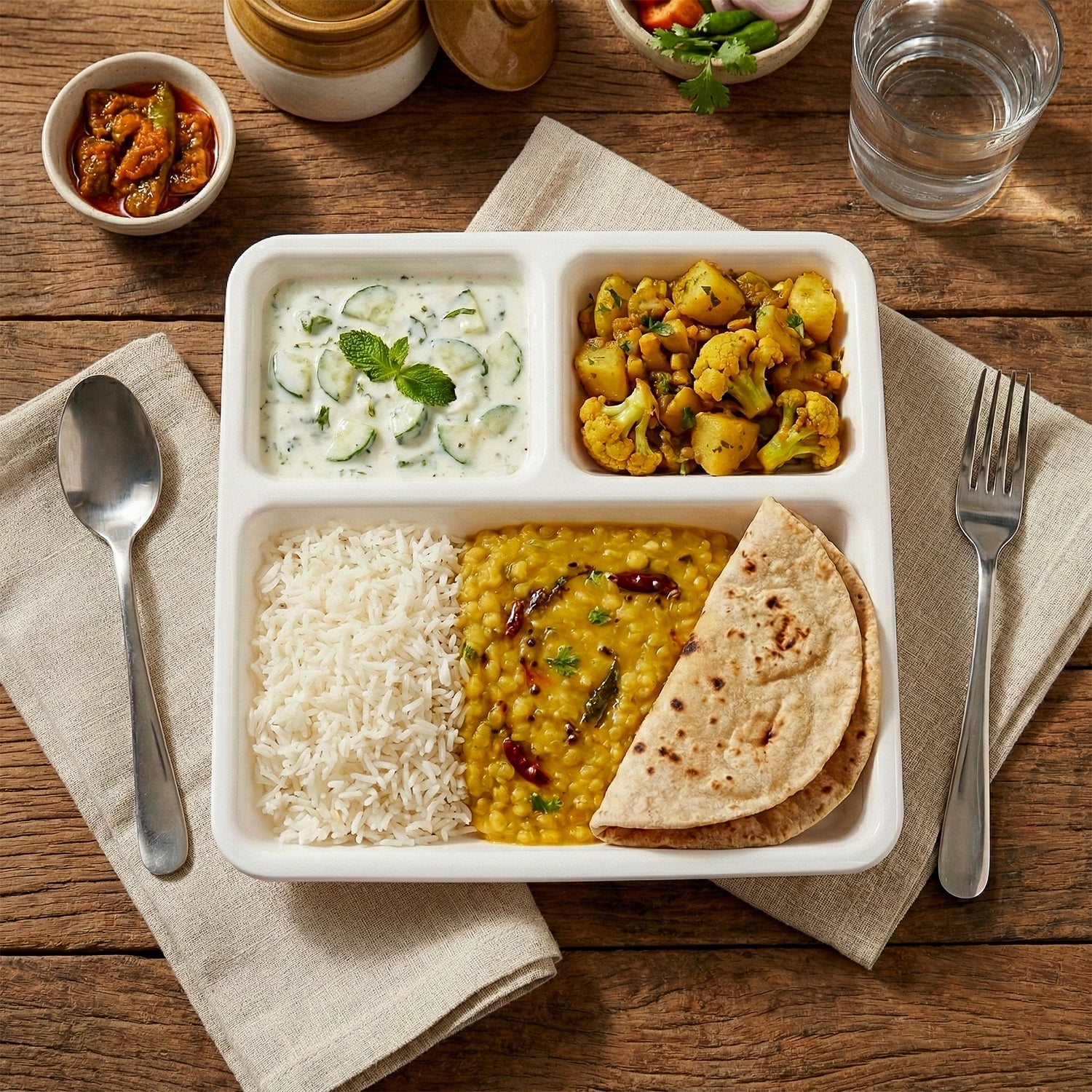 Sectioned serving plate in white plastic with divided compartments