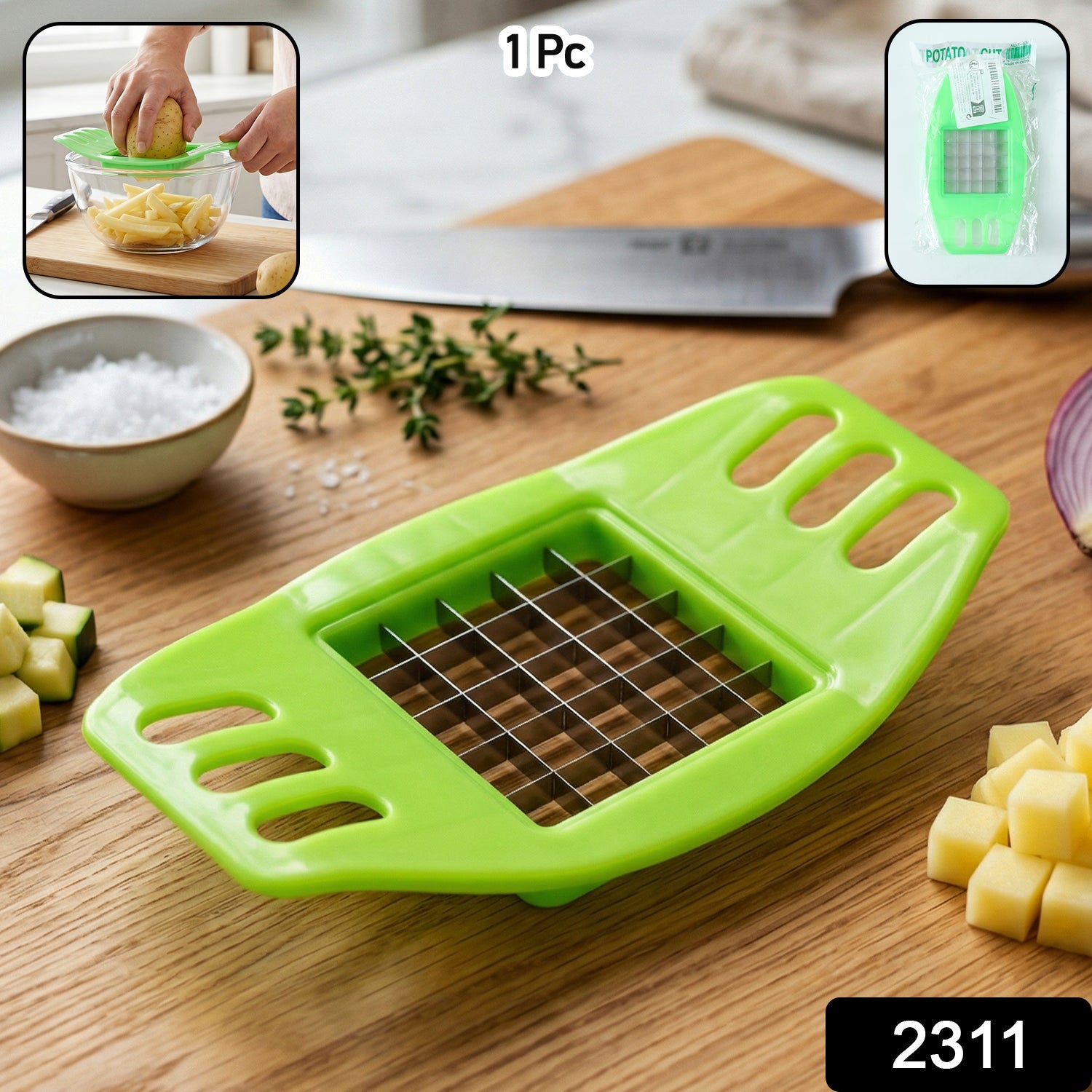 Angled side view of the Indo Glow potato cutter, showcasing its compact and sturdy design.