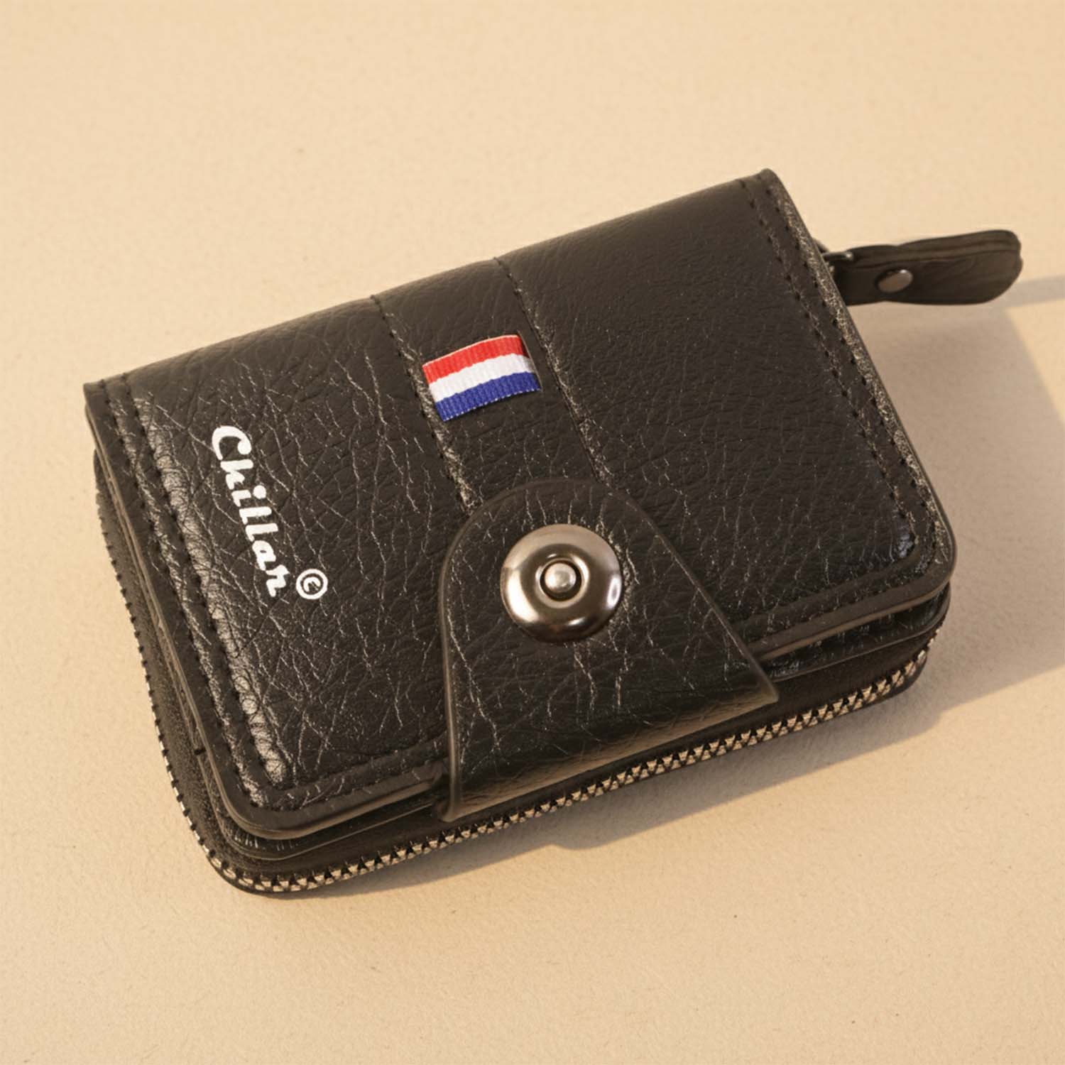 Black zip-around wallet highlighting zip-around closure feature