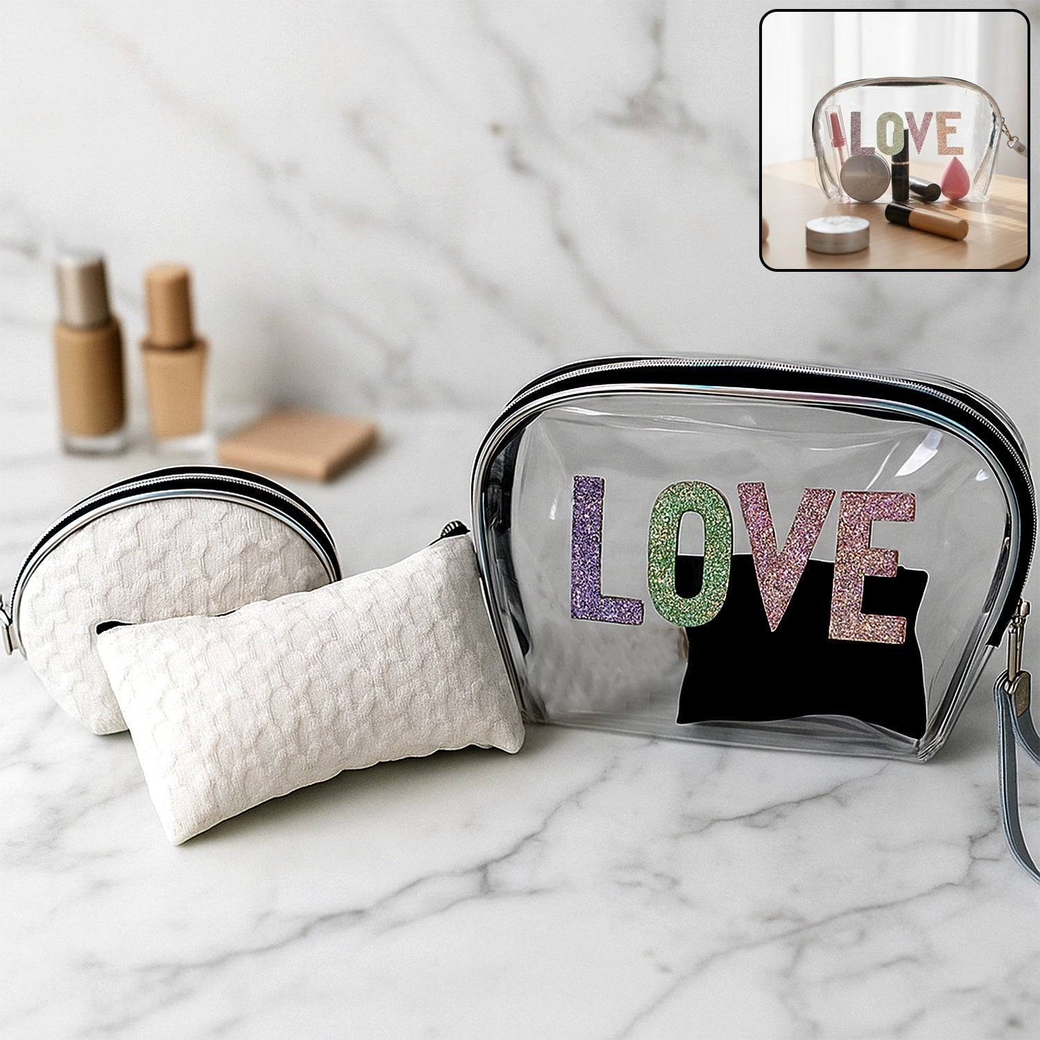 3-in-1 makeup bag set featuring transparent pouch with glitter LOVE design