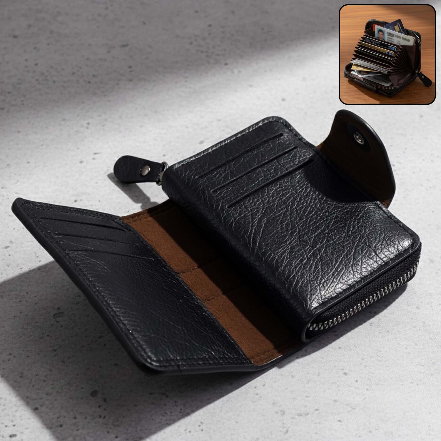 Black zip-around card holder wallet showing front view with secure closure