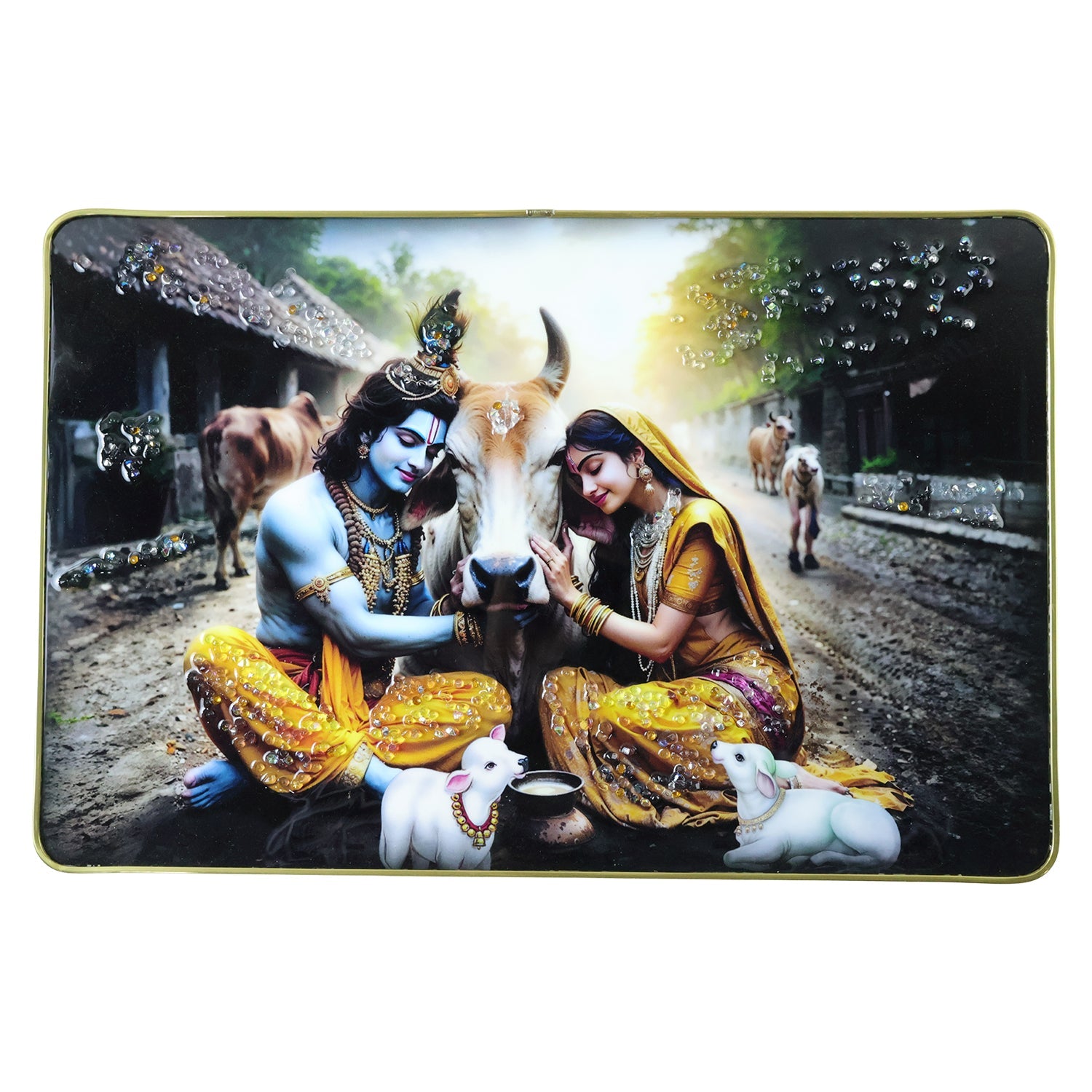Religious wall art frame featuring Radha Krishna and cows