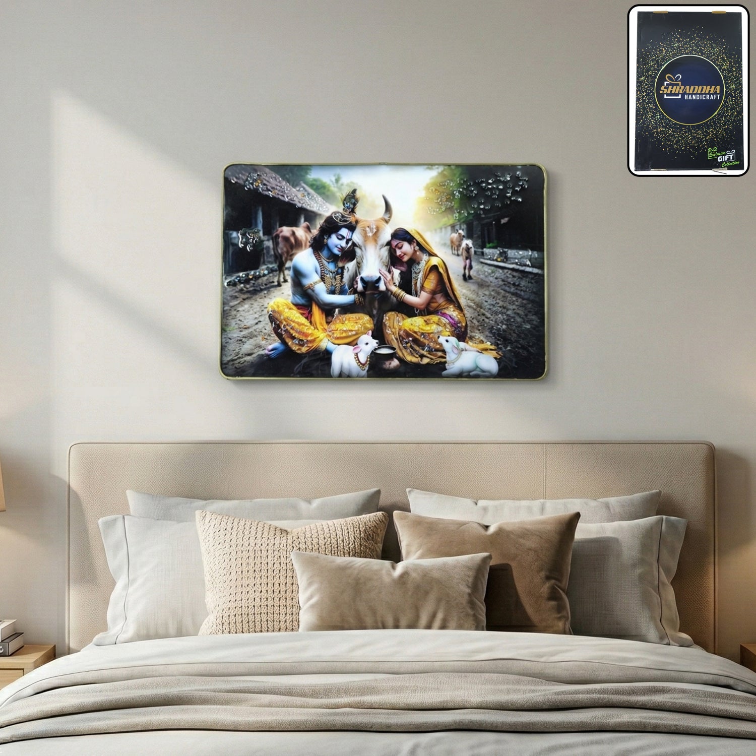 Beautiful Radha Krishna village scene wall art with cow theme
