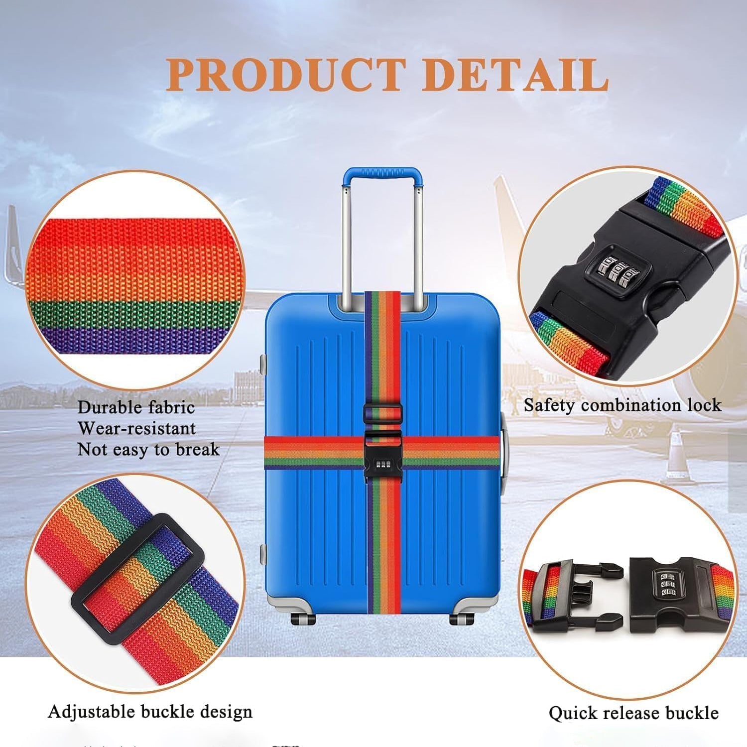 Hand holding the adjustable Rainbow Luggage Strap, ready to secure a suitcase.