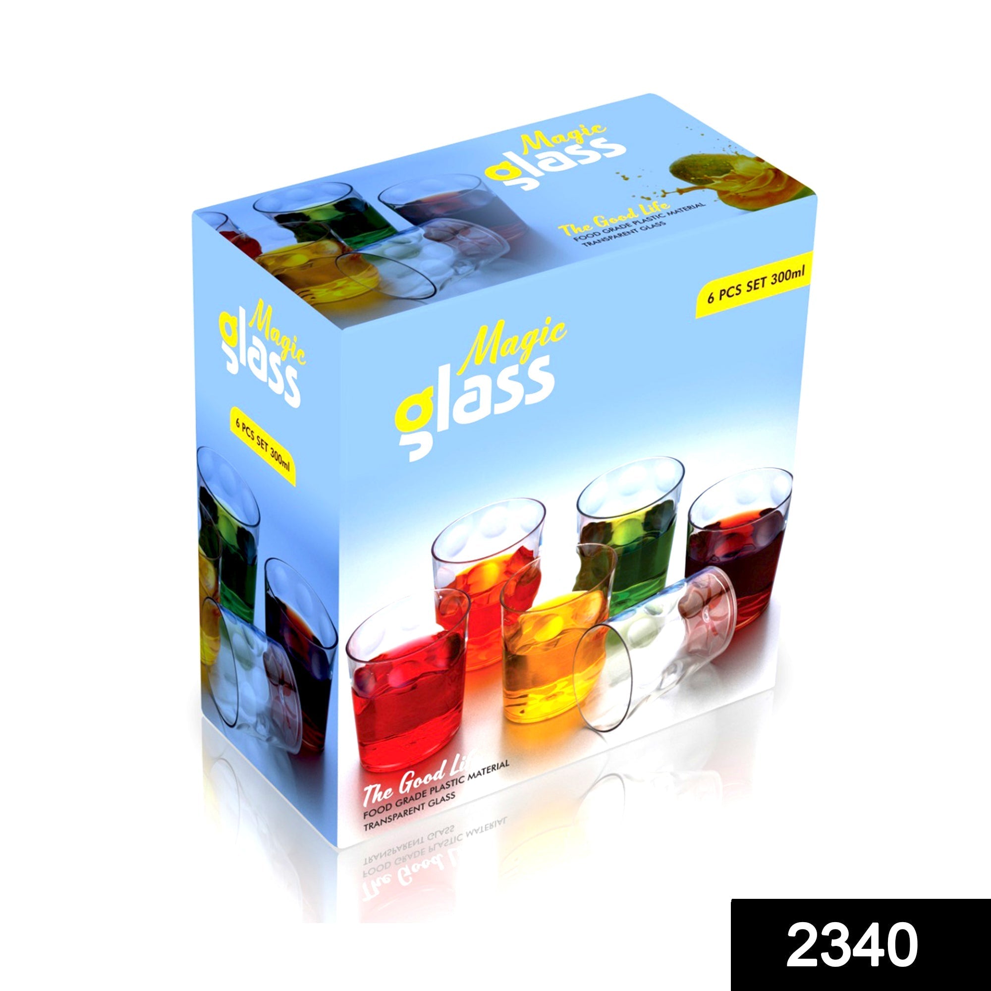 Close-up of a single 300ml unbreakable plastic glass, showing its clarity and durable design.