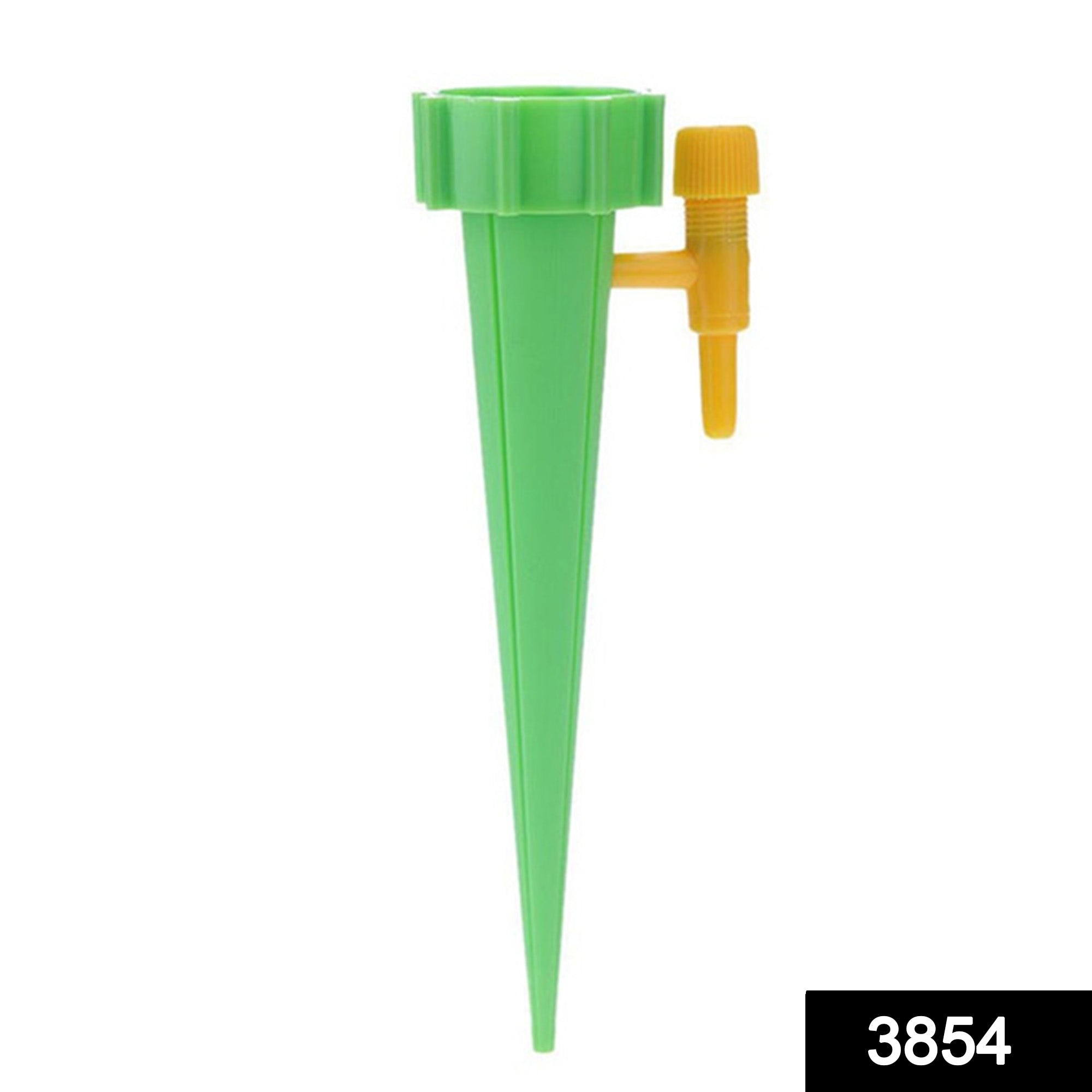 Close-up of a self-watering spike with adjustable flow control valve.