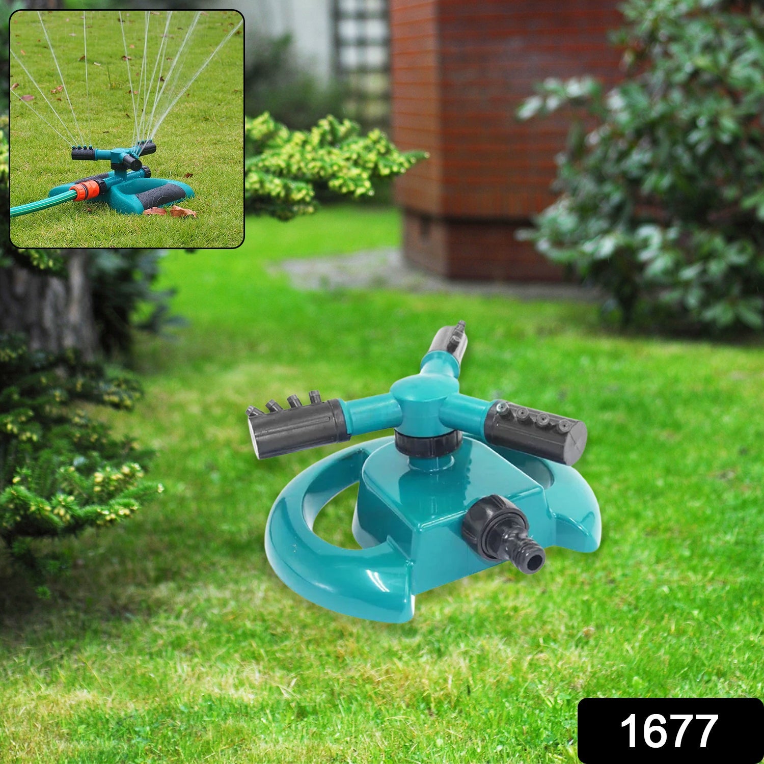 Connecting a garden hose to the 3-arm water sprinkler for easy setup.