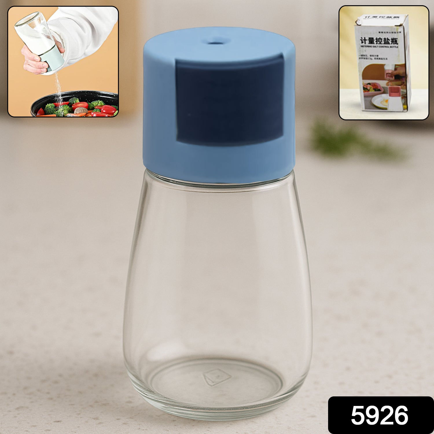 Glass salt shaker showing precise 0.5g salt dispensing