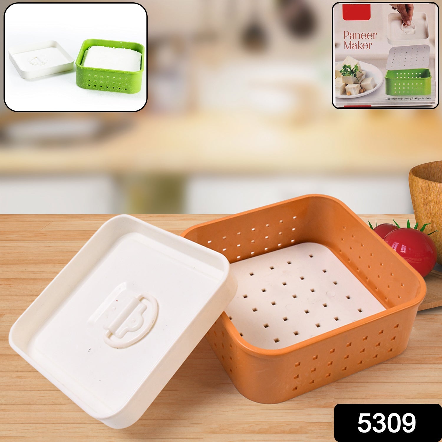 The 3-piece Square Paneer Maker with its removable base and lid for easy assembly.