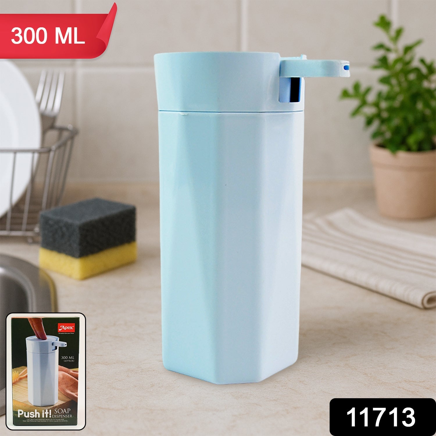 Soap Dispenser 300ml filled with liquid soap, highlighting easy push dispensing