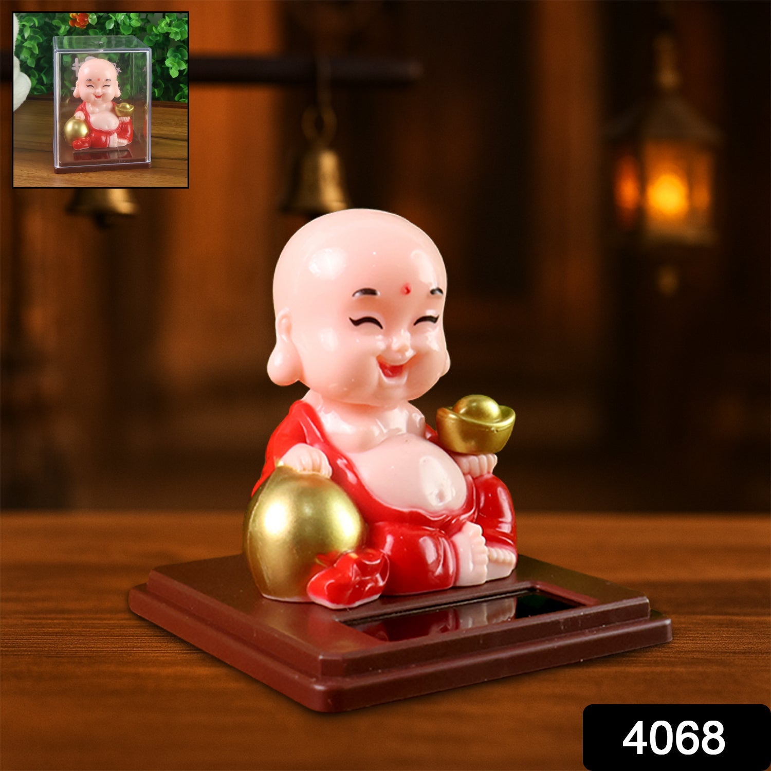 Close-up of the Solar Buddha Car Ornament, highlighting the solar panel for automatic movement.