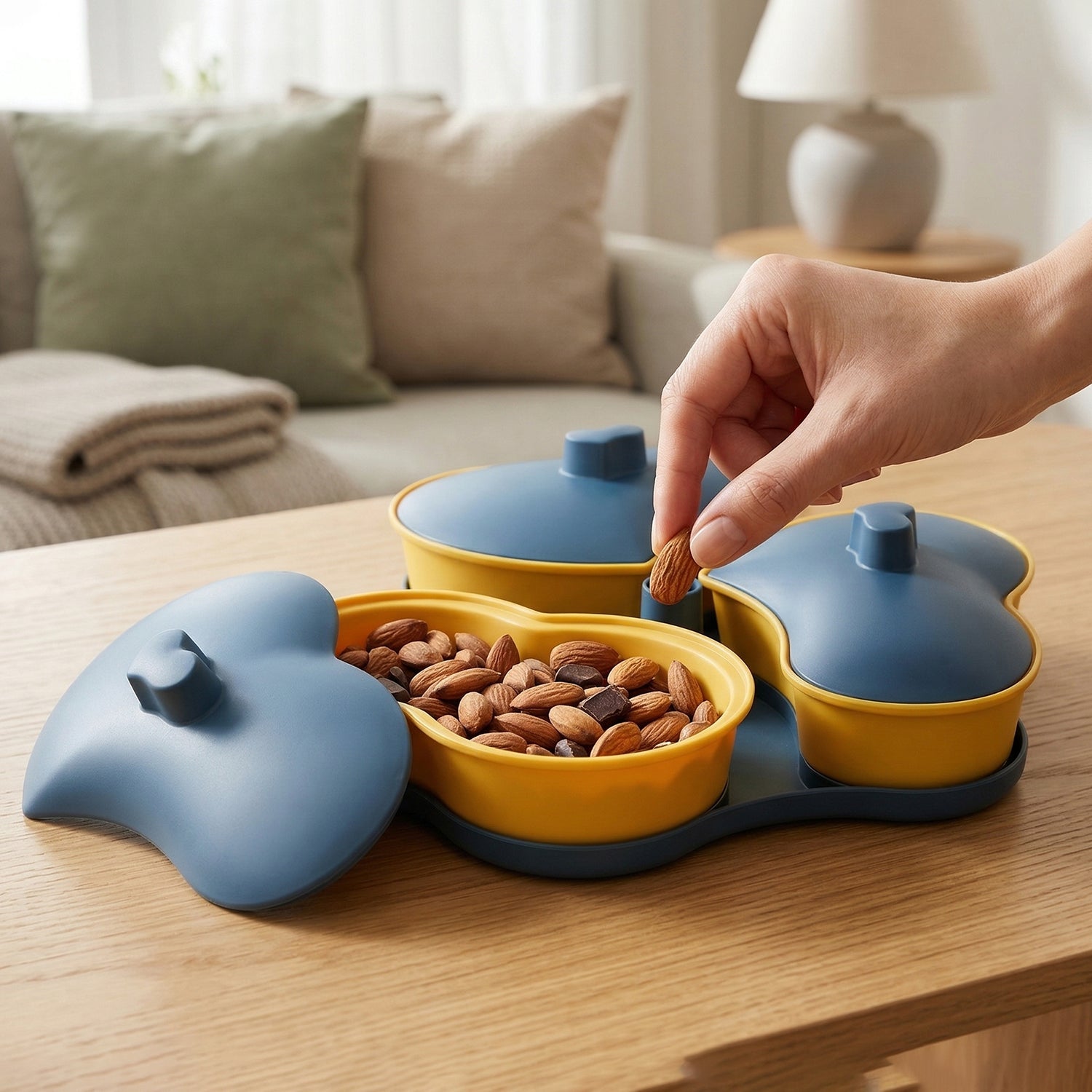 Multi-section snack serving tray with compartments and covers for hygiene