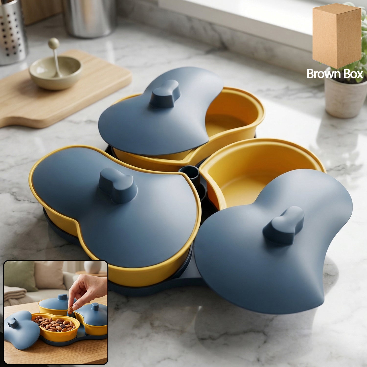 Stylish multipurpose snack serving tray with three compartments and lids