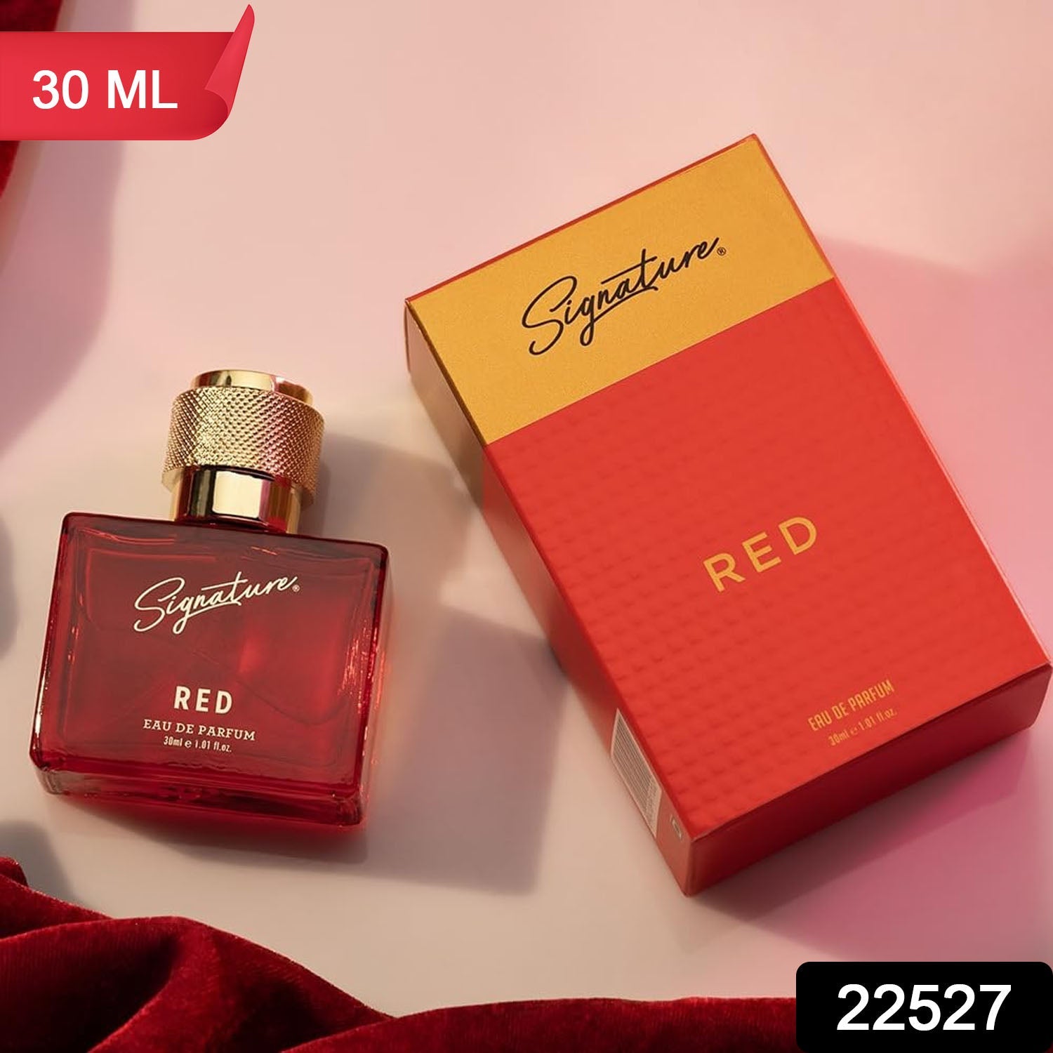 Signature red perfume packaging with stylish design