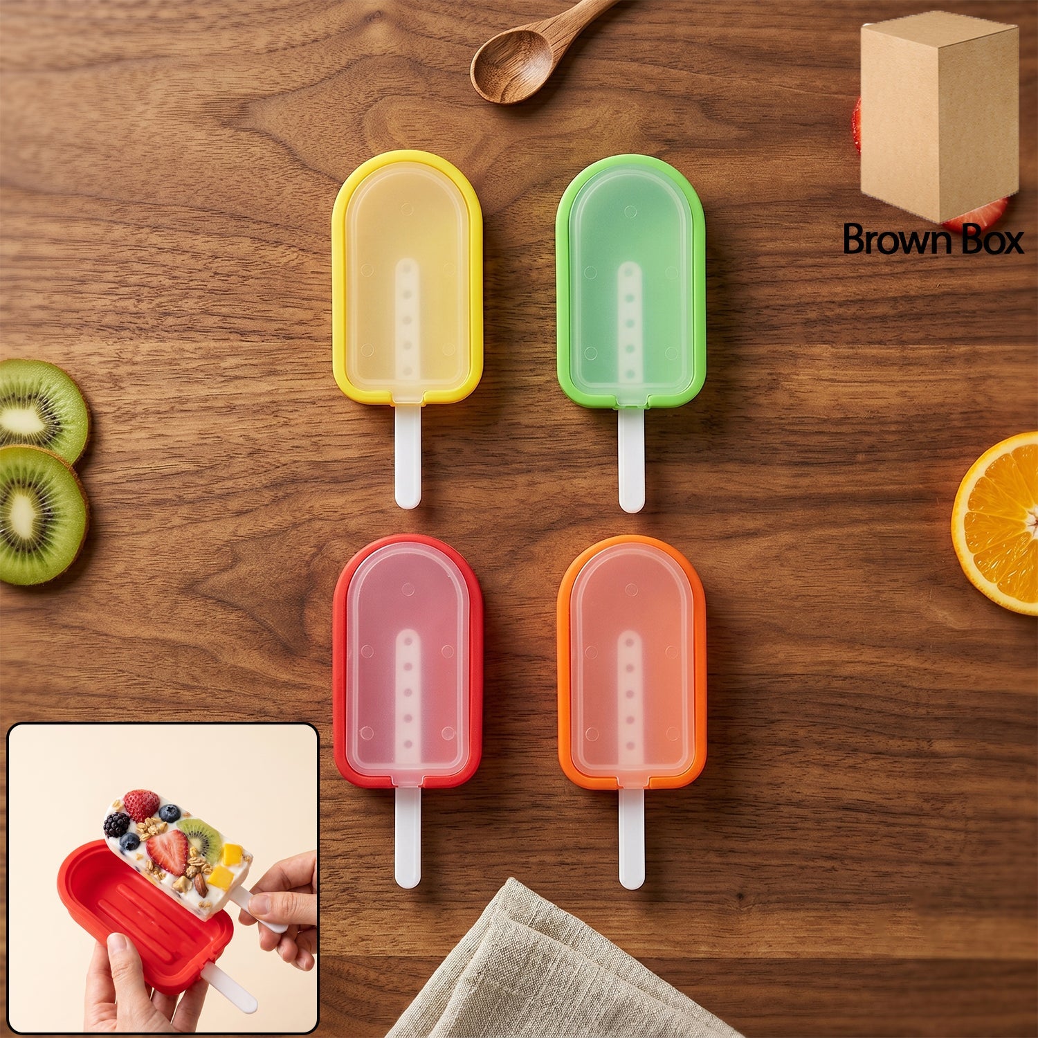 Flexible silicone popsicle mold set with built-in sticks for easy ice cream making