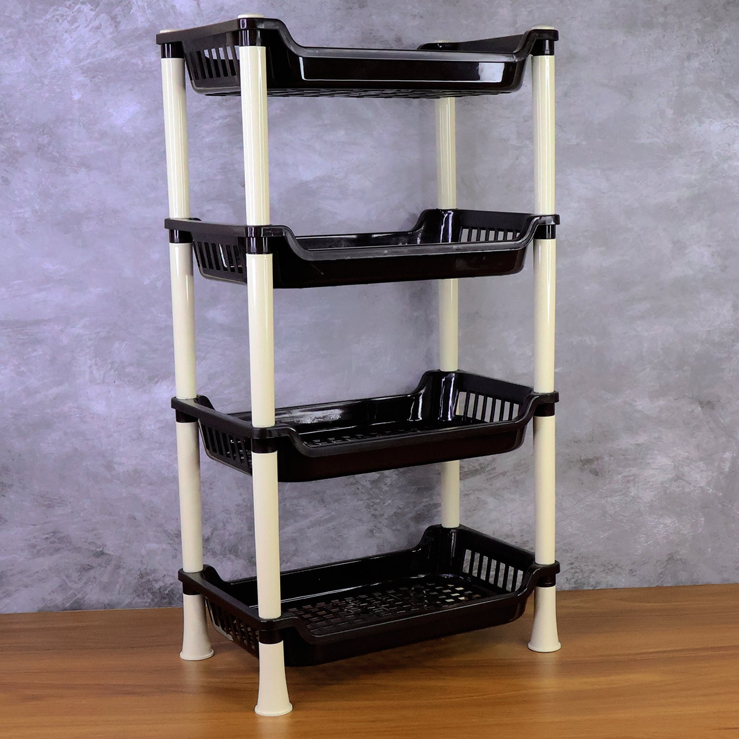 Compact plastic storage rack ideal for kitchen or bathroom organisation