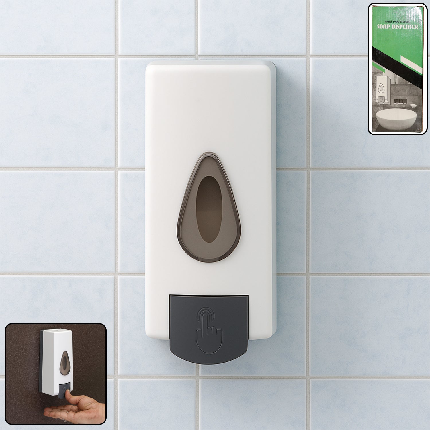 Sleek wall mounted soap dispenser in a modern bathroom setting.