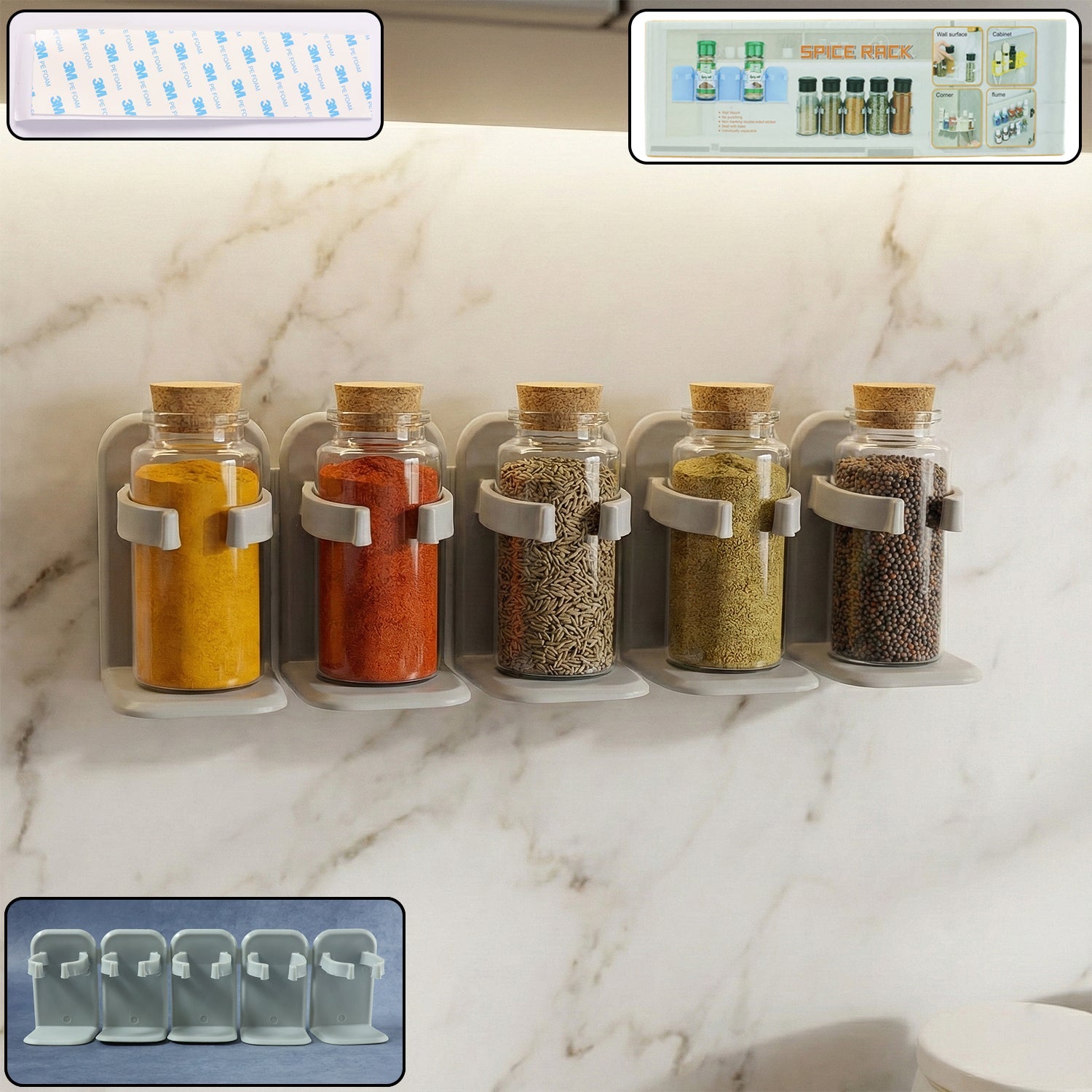 Wall spice storage rack with adhesive mount in kitchen setting