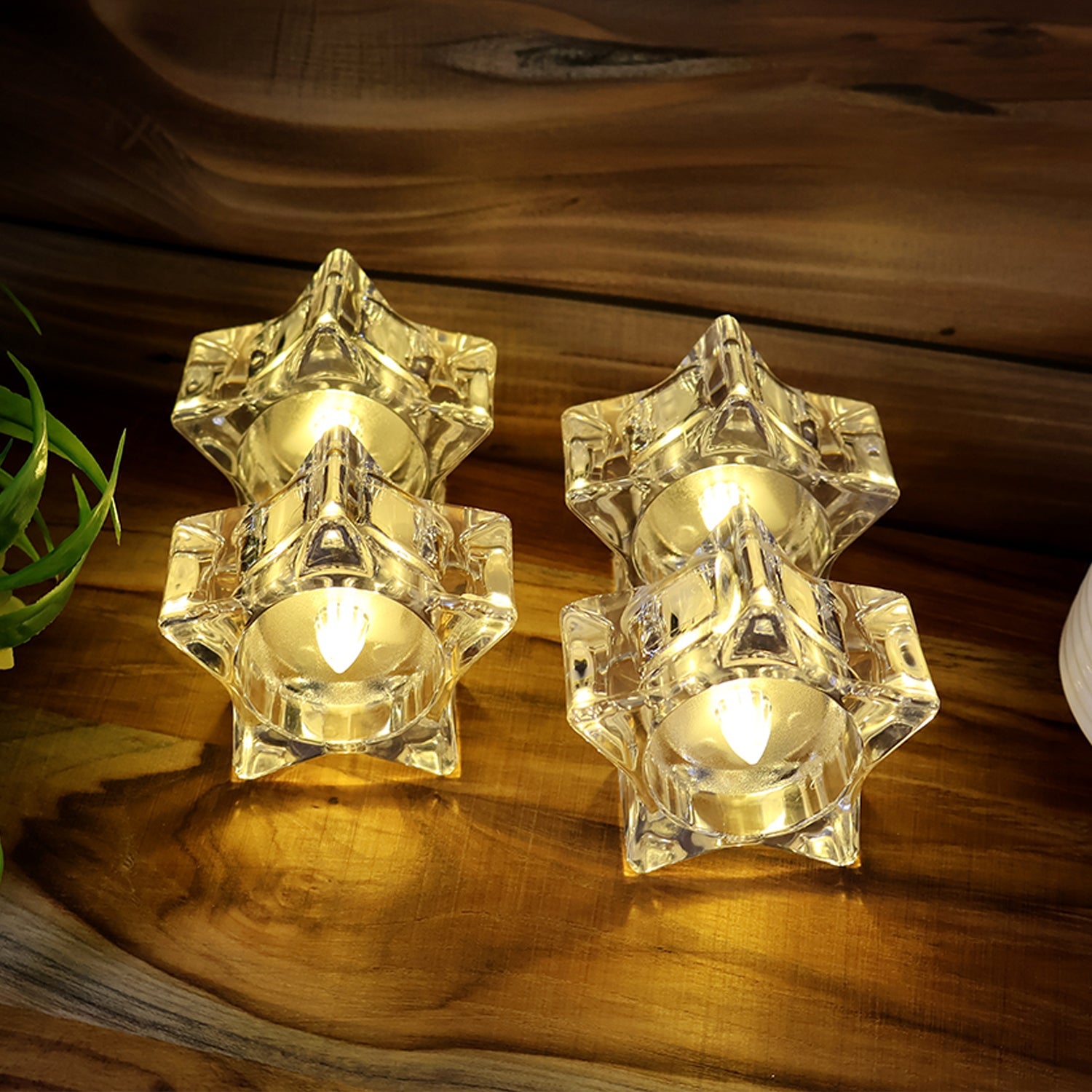 Star-shaped LED tealight candles arranged for home decoration