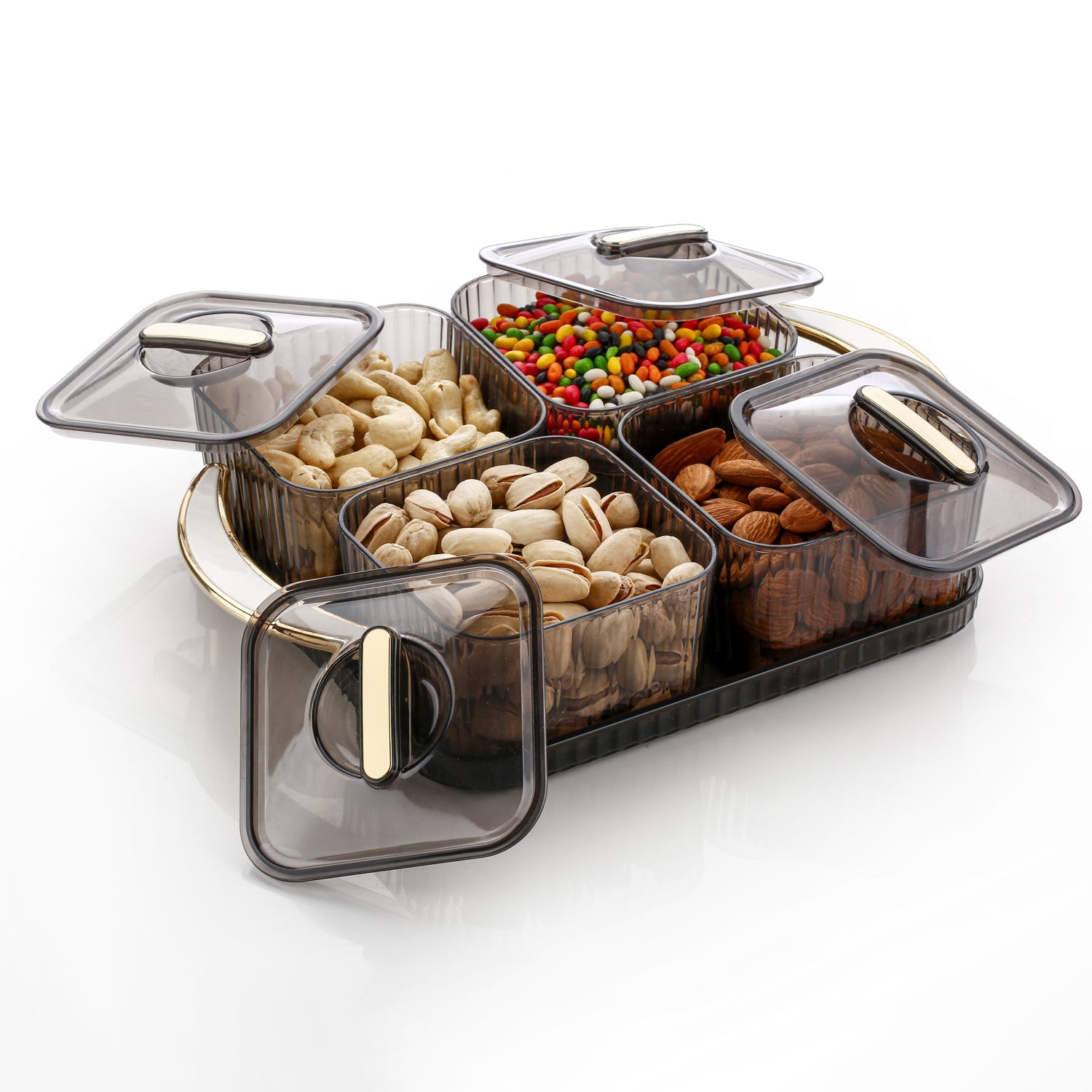 Durable food-grade plastic dryfruit storage containers in a stylish tray