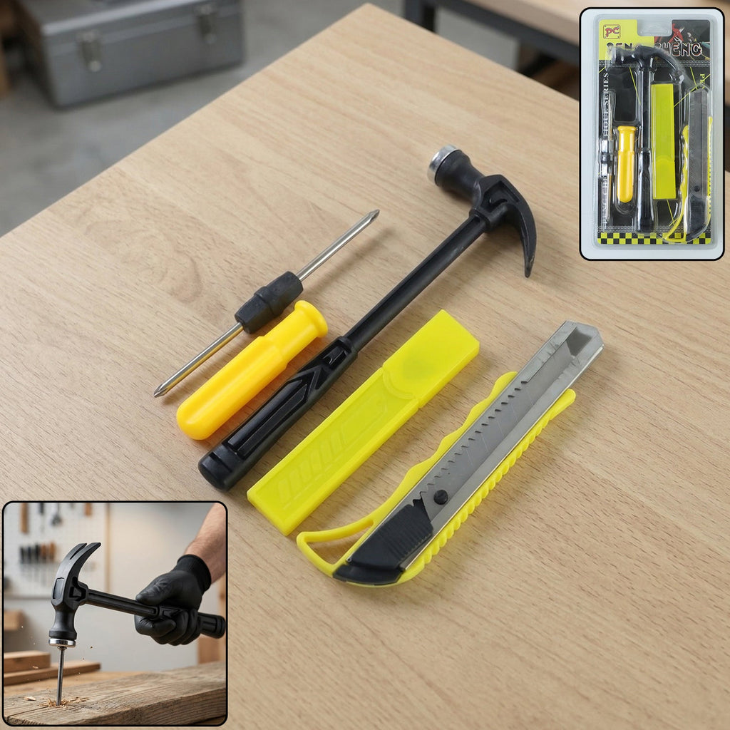 Mini hardware tool kit with hammer, screwdriver, cutter and accessories