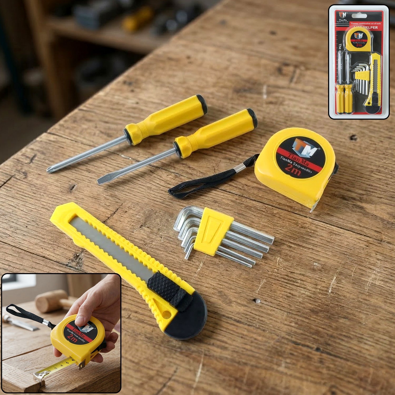 TianMu 9-piece household repair tool set with measuring tape and screwdrivers