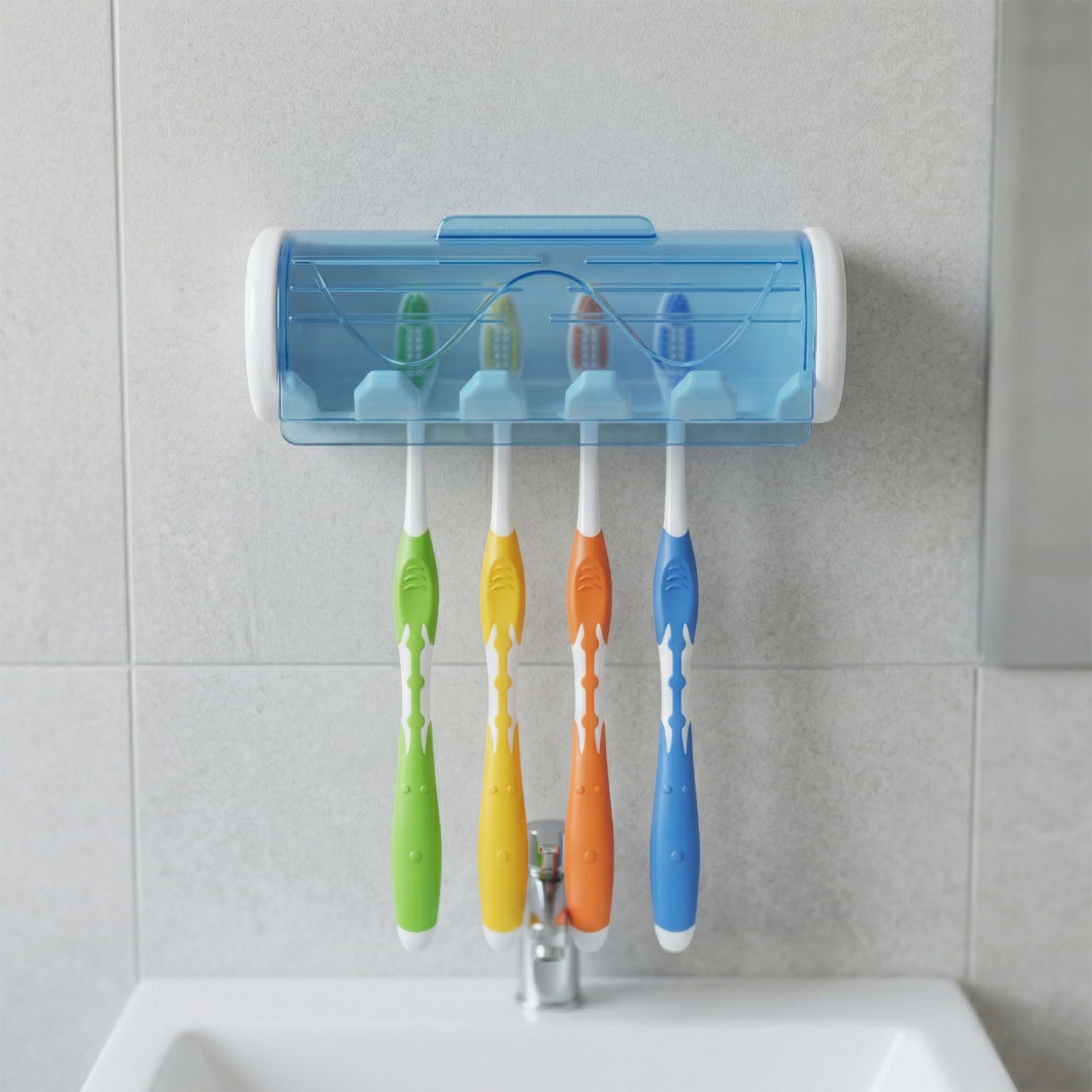 Side view of wall mounted toothbrush storage organizer