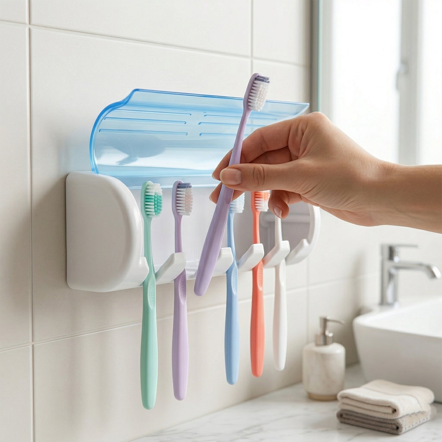 Bathroom installation of wall mounted toothbrush holder