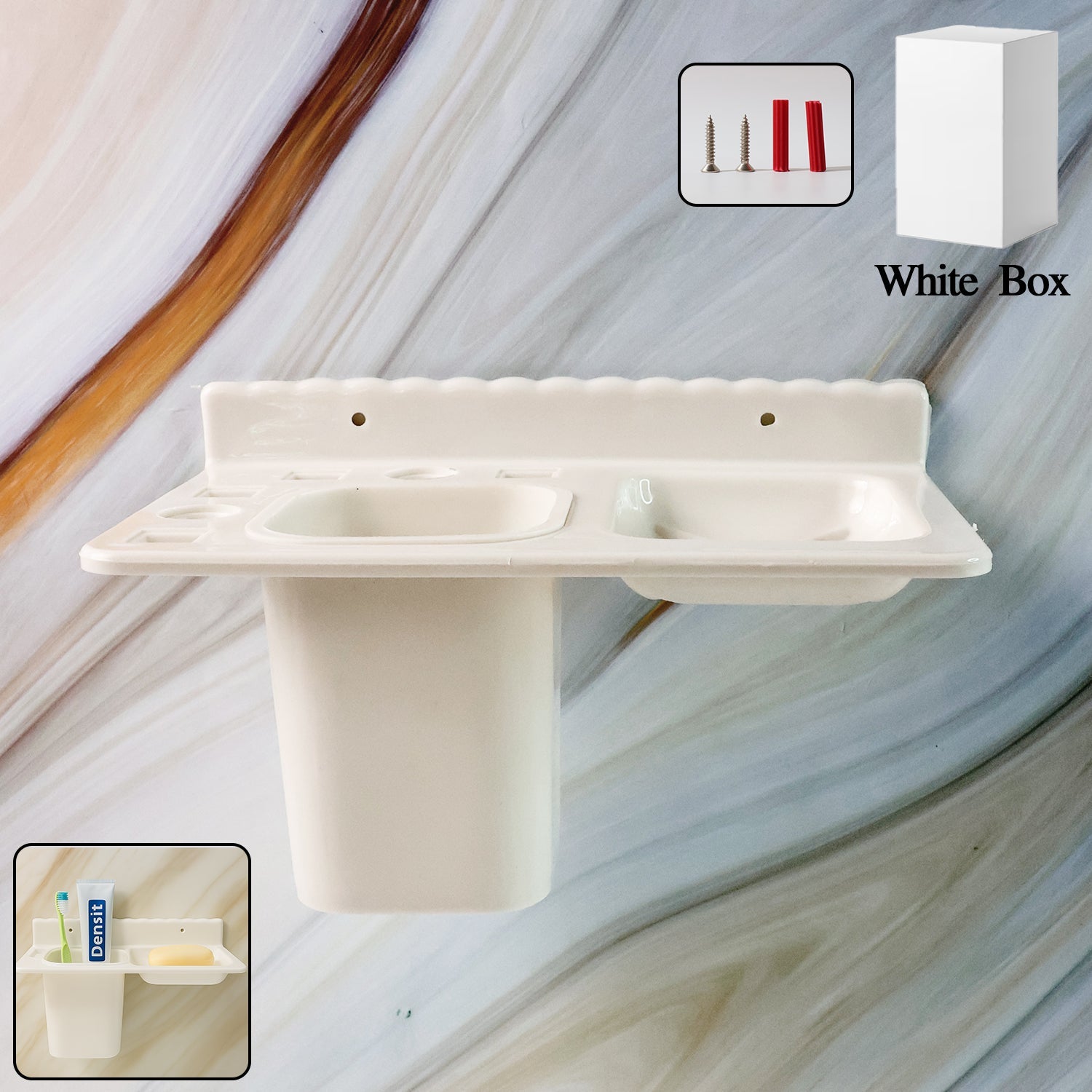 Wall mounted toothbrush holder with multi-compartment design for bathroom organization.