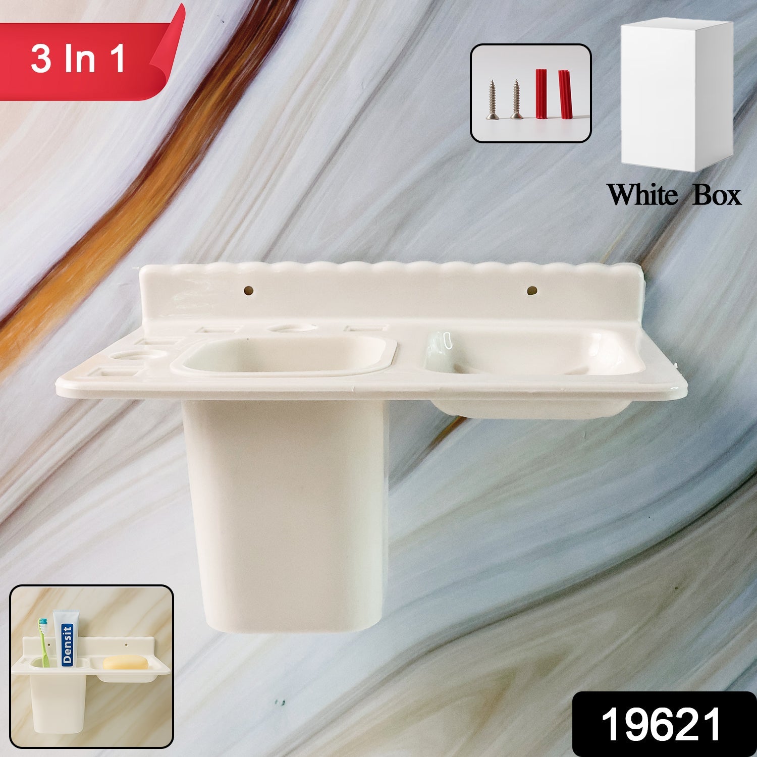 Detail view of toothbrush slots and detachable cup in wall mounted toothbrush holder.