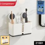 Wall Mounted 3 Compartment Toothbrush Holder With Adhesive Installation (1 Pc)