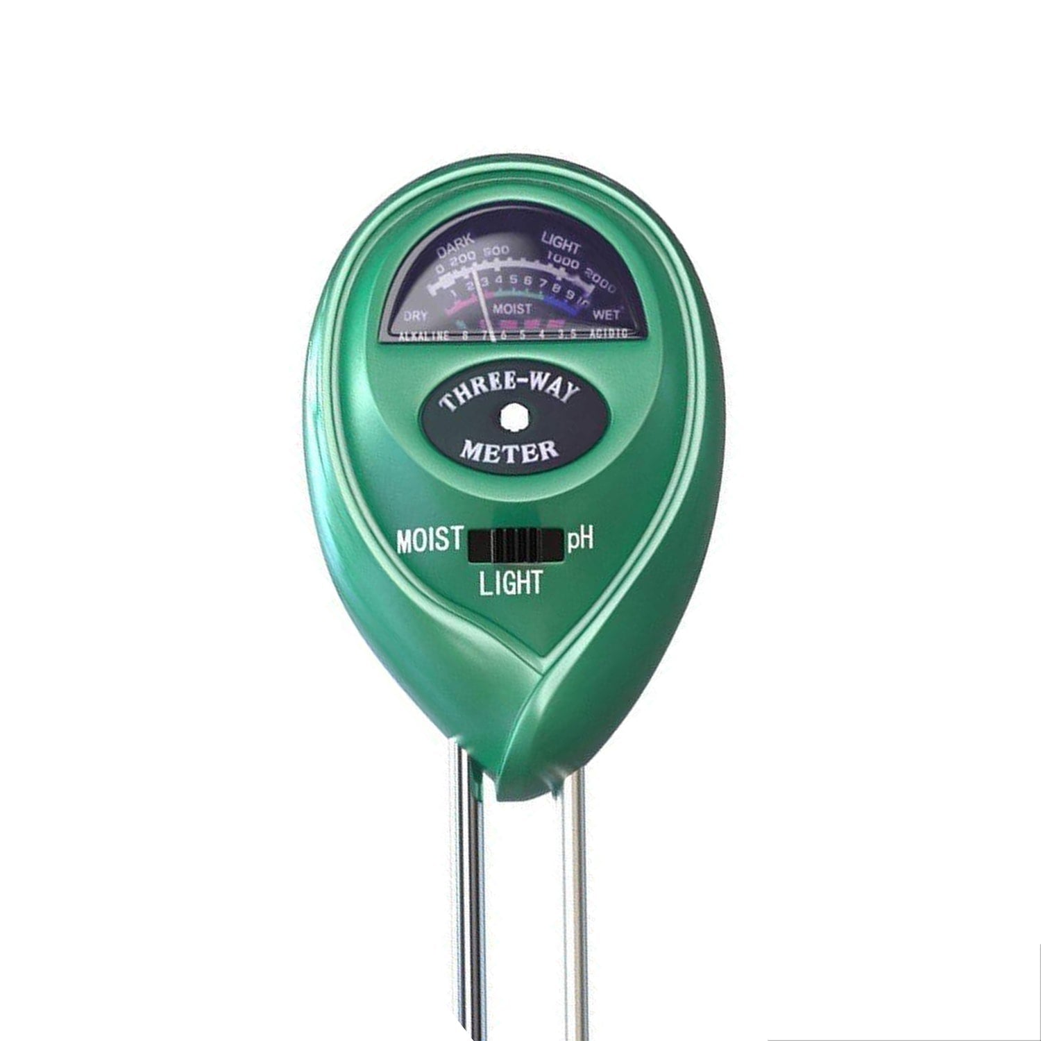 Informative graphic of the soil tester's functions: measuring moisture, pH, and light.