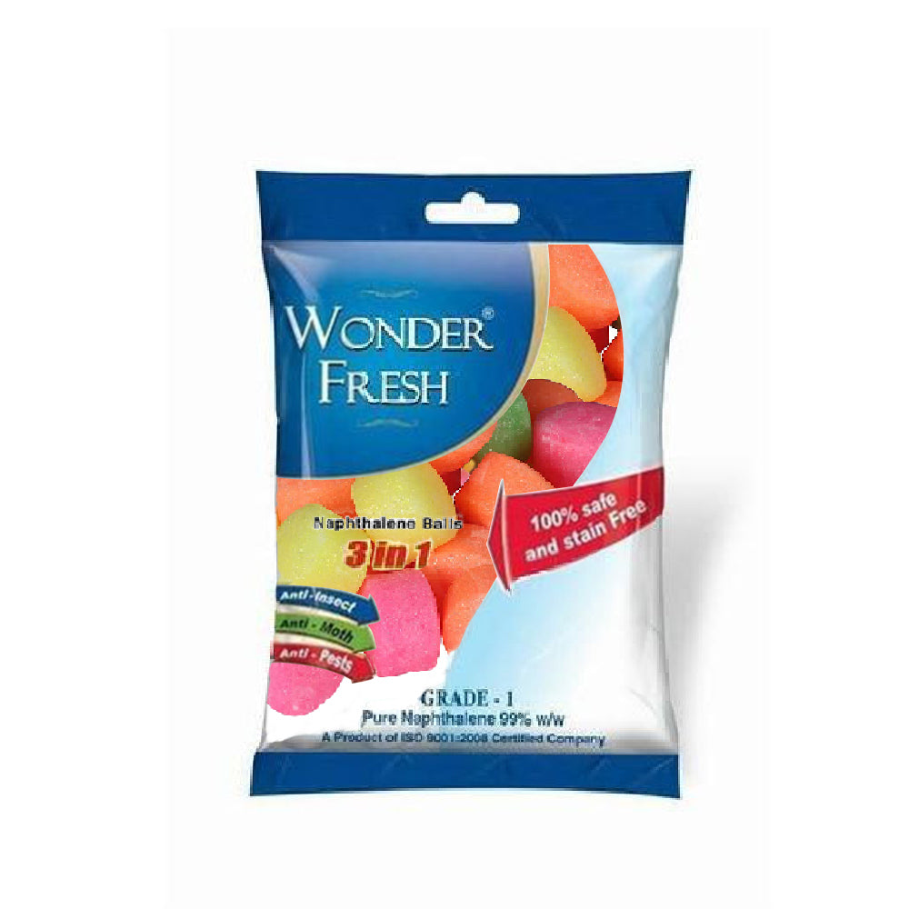 Bright multicolour Naphthalene Balls in a 100g pack for effective moth control.