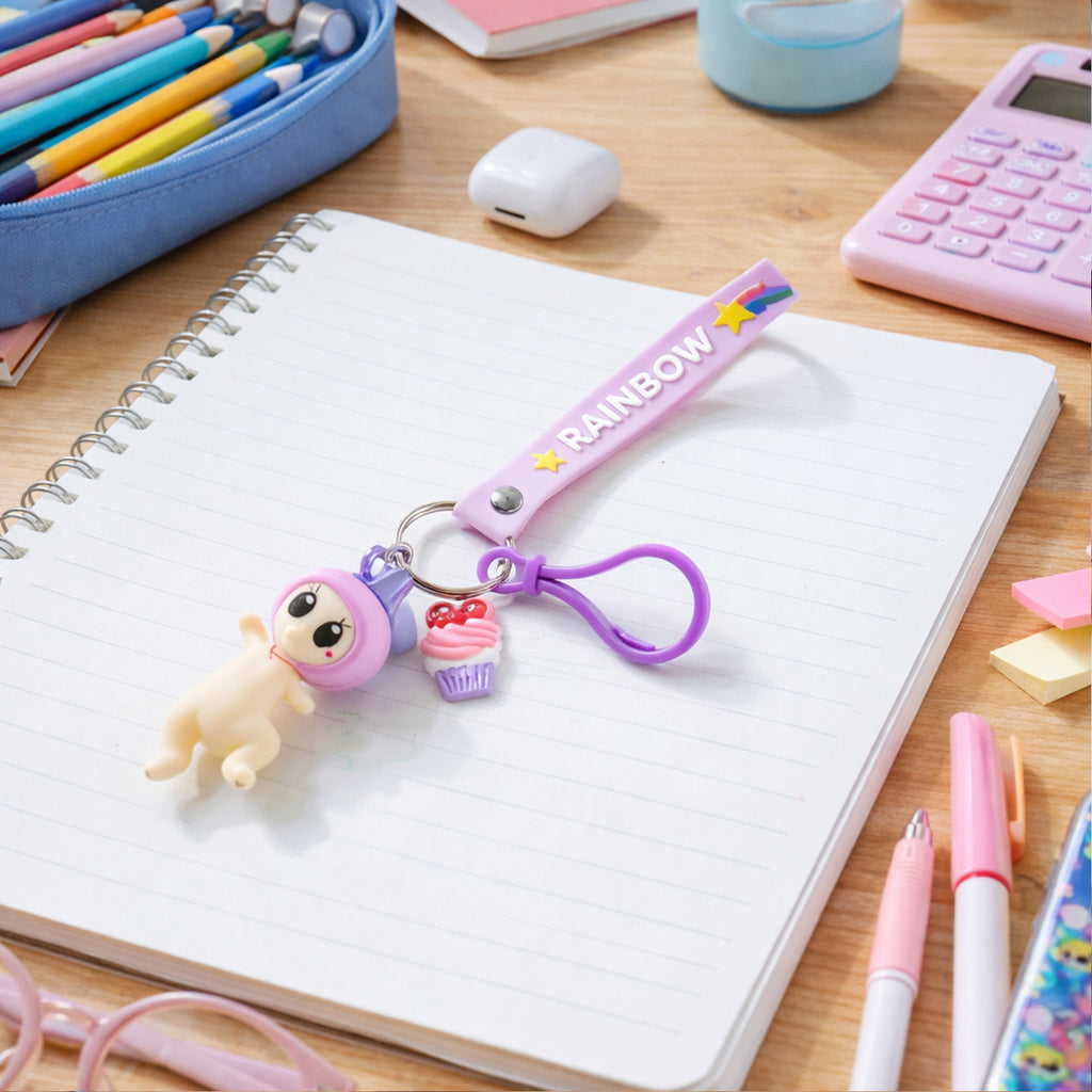 Cute Doll  Cupcake Keychain With Rainbow Strap (1 Pc)