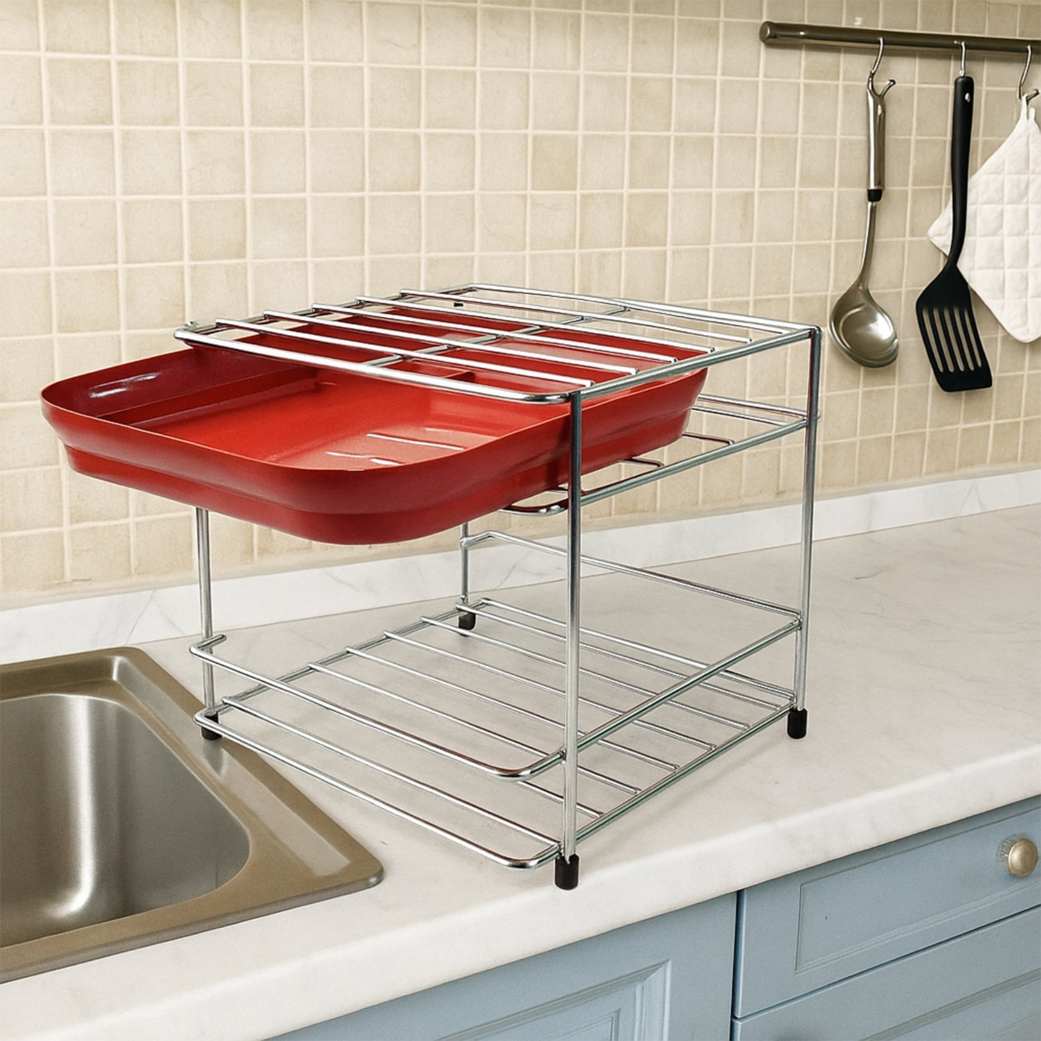 Stainless steel utensils and plate storage rack with durable frame