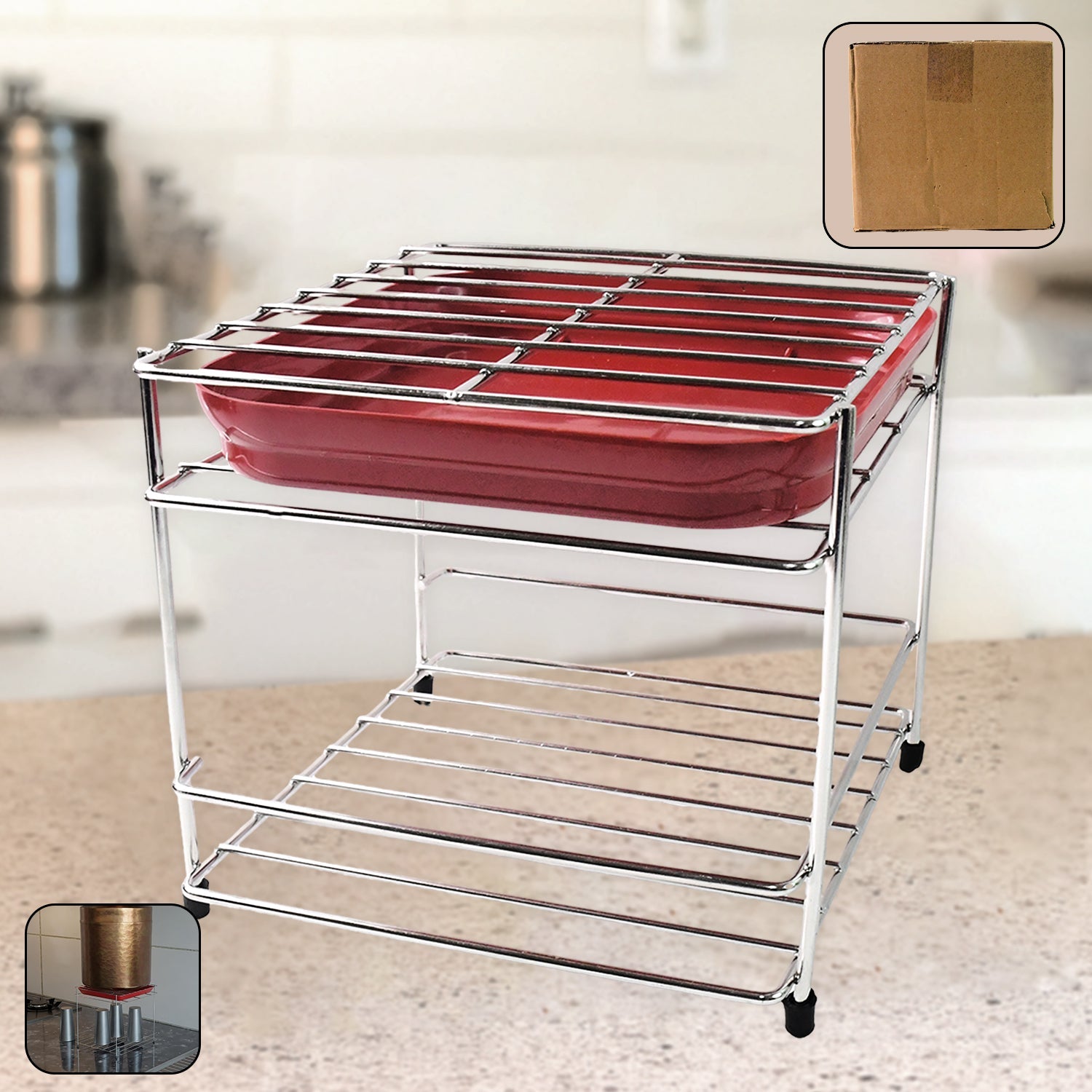 Stainless steel 2-tier kitchen utensil storage stand with polished finish